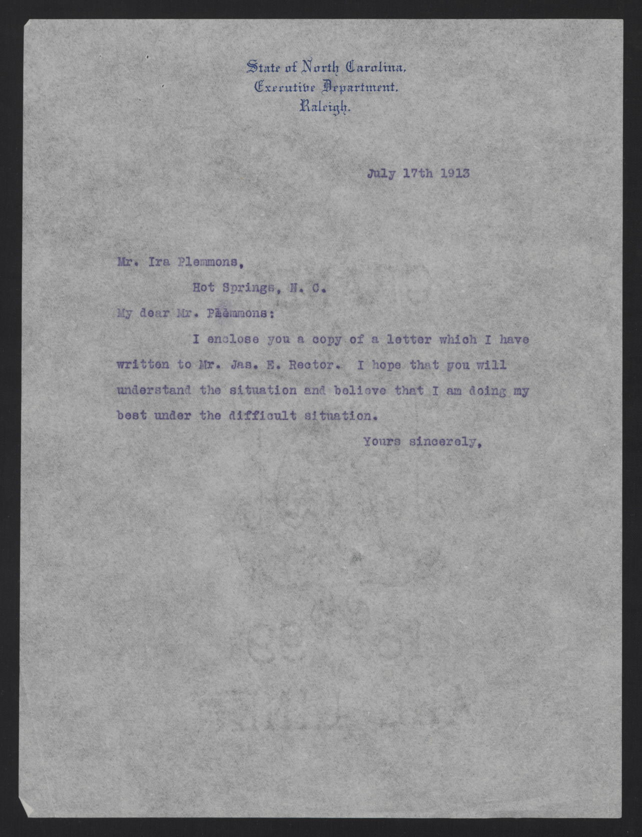 Letter from Craig to Plemmons, July 17, 1913