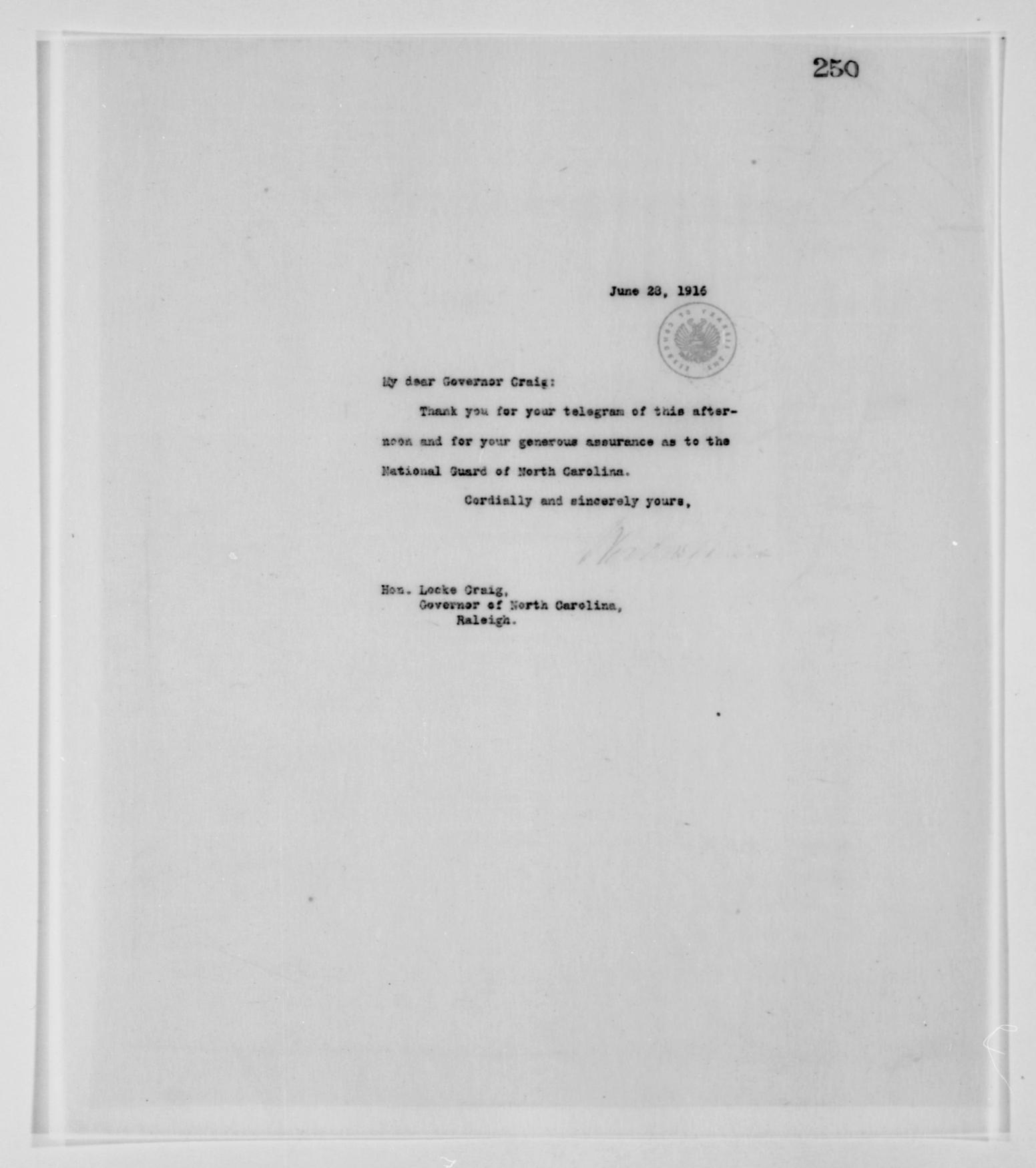 Letter from Wilson to Craig, June 28, 1916