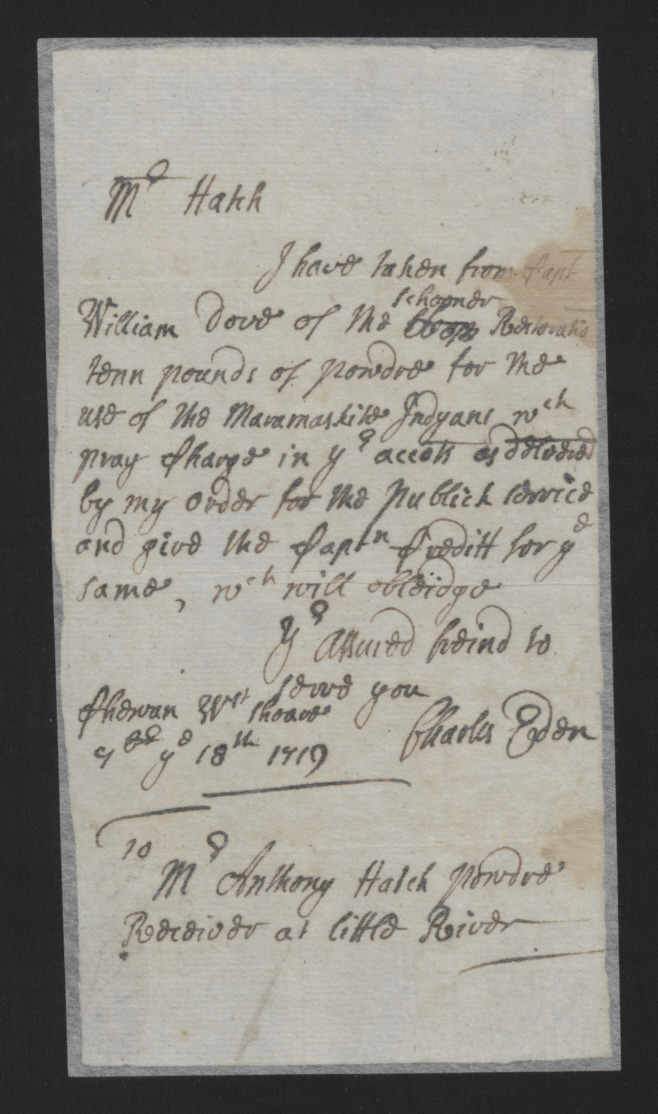 Letter from Charles Eden to Anthony Hatch, 18 November 1719, page 1