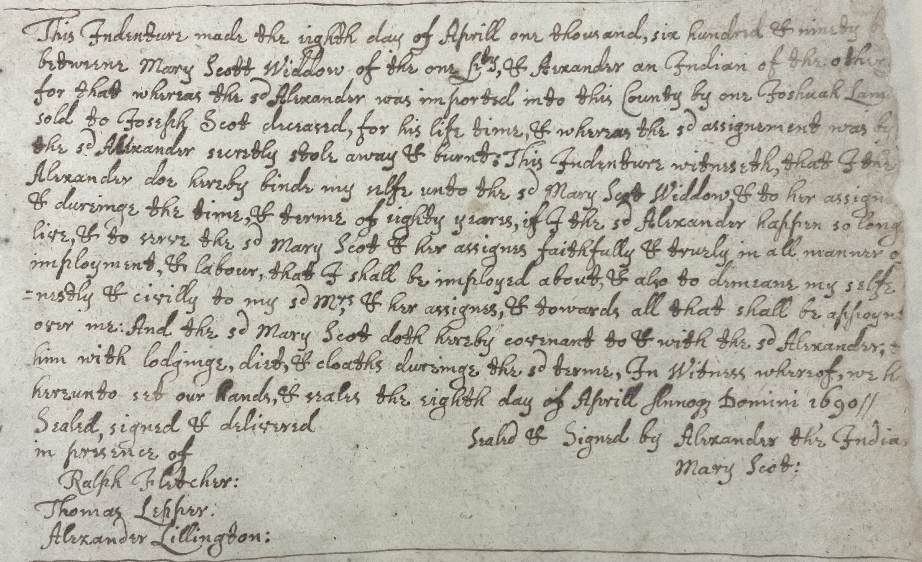 Indenture from Mary Scott to Alexander, 8 April 1690