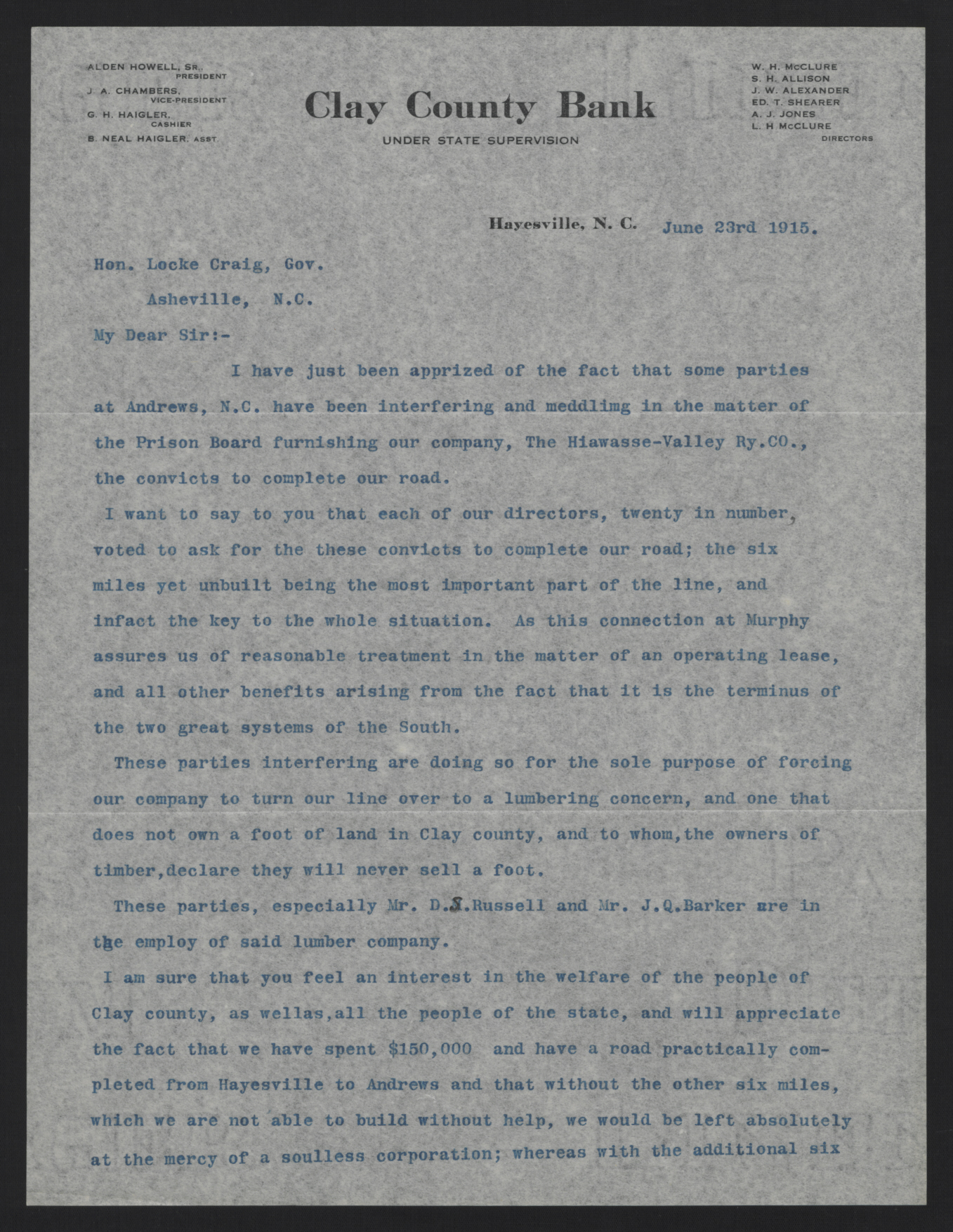 Letter from Haigler to Craig, June 23, 1915, page 1