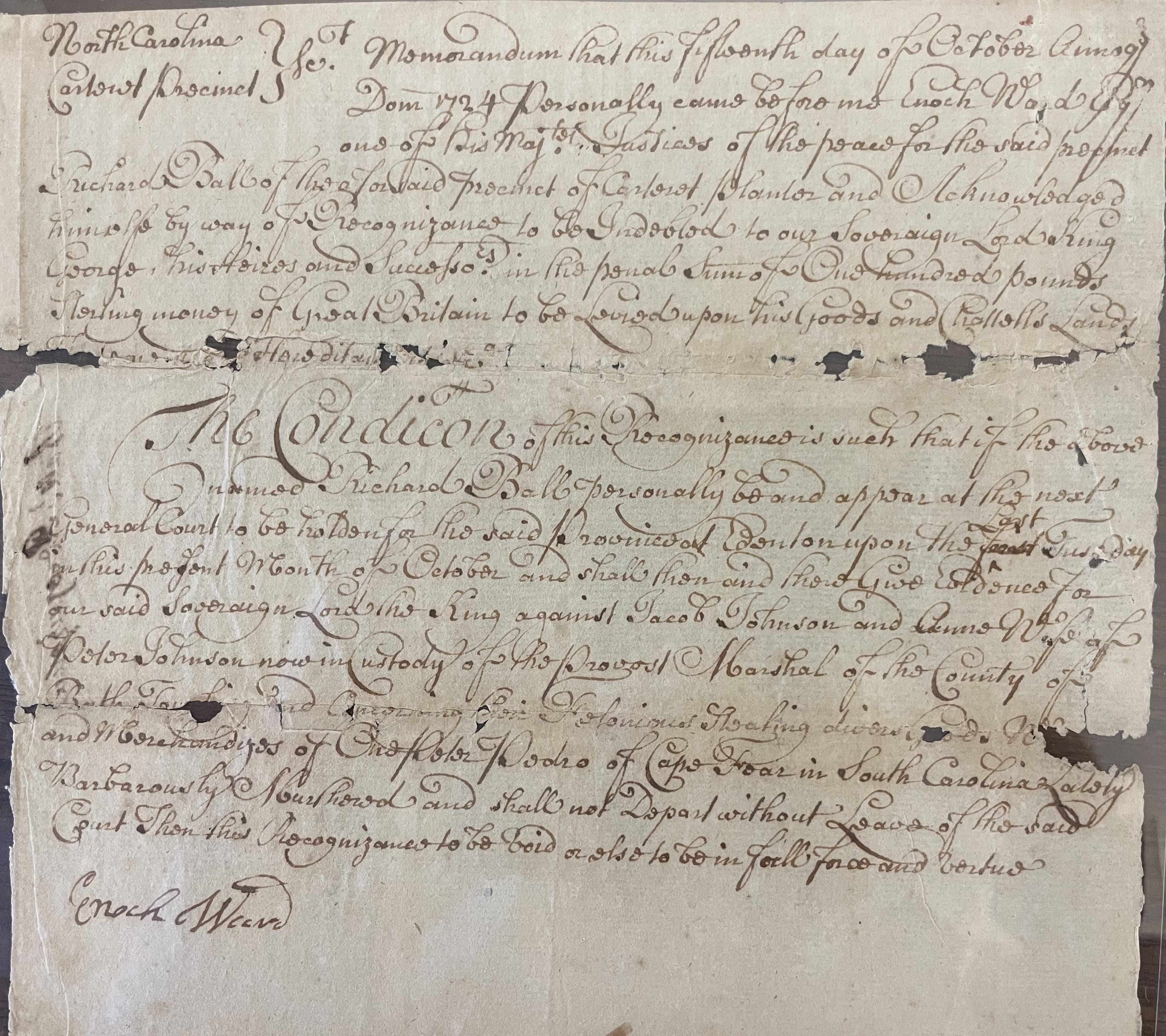 Bond of Recognizance for Richard Ball, 15 October 1724, page 1