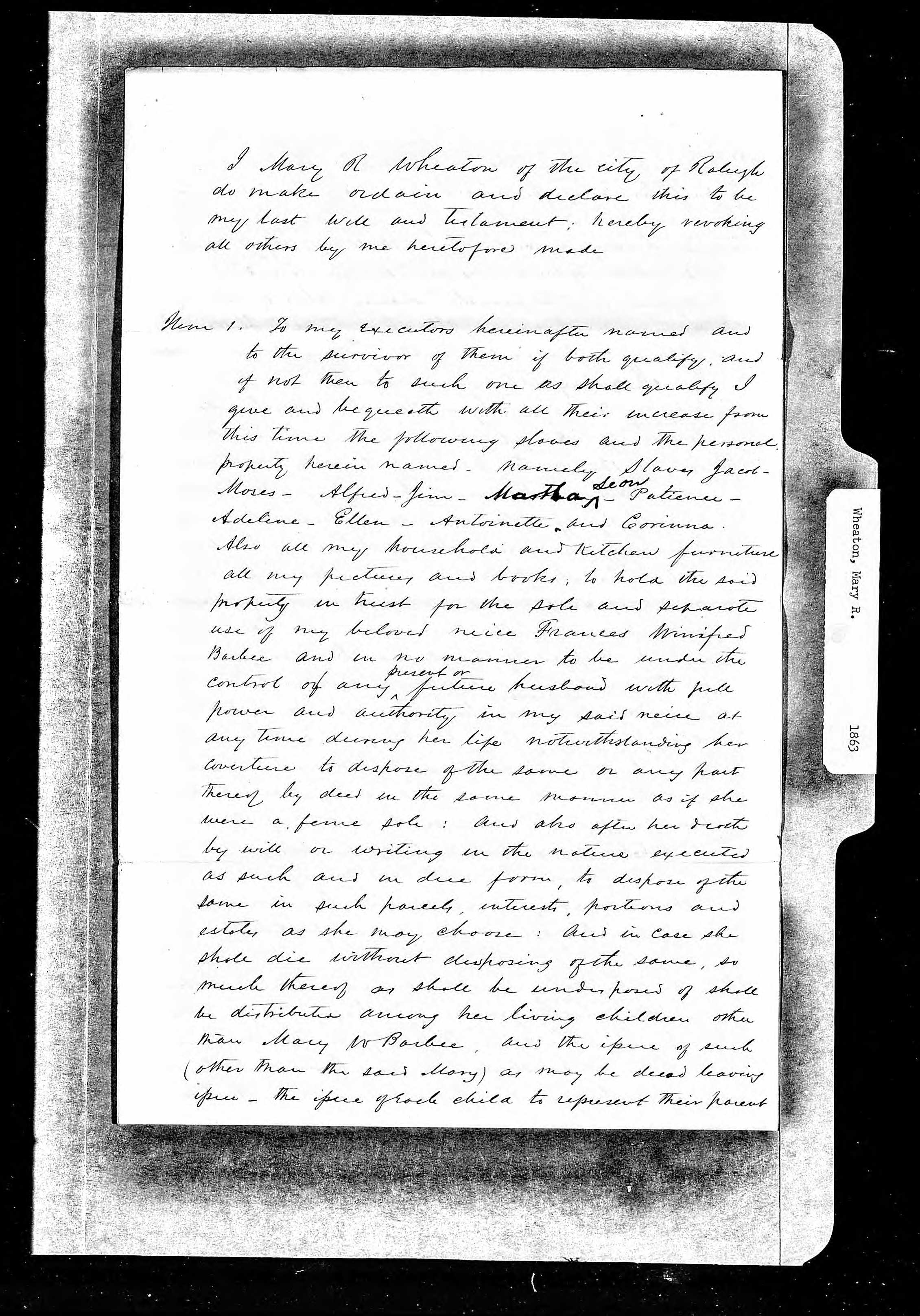 Will of Mary R. Wheaton, November 9, 1858, page 1