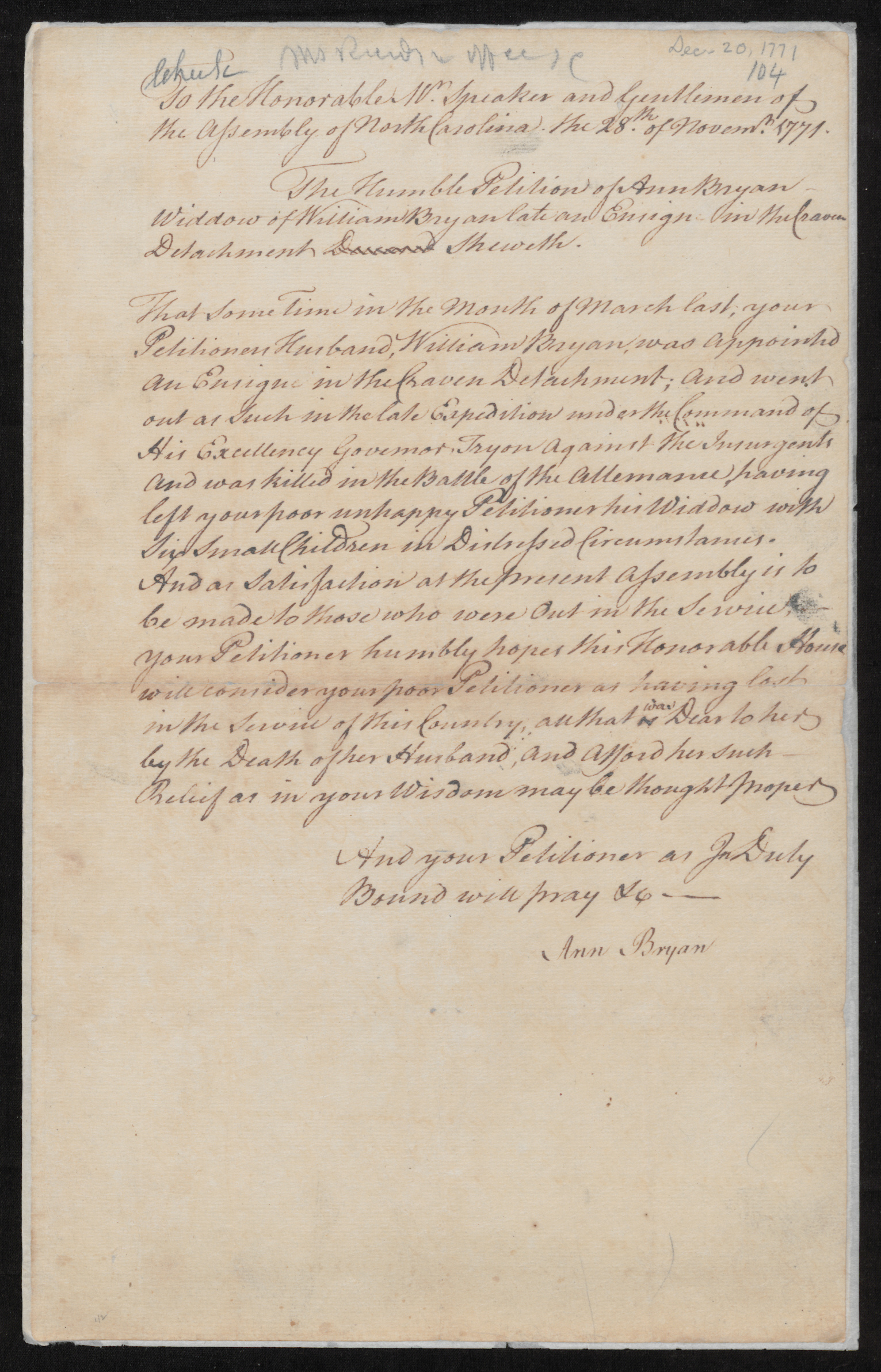 Petition from Ann Bryan to the North Carolina Colonial Assembly for a Pension, 28 November 1771, page 1.