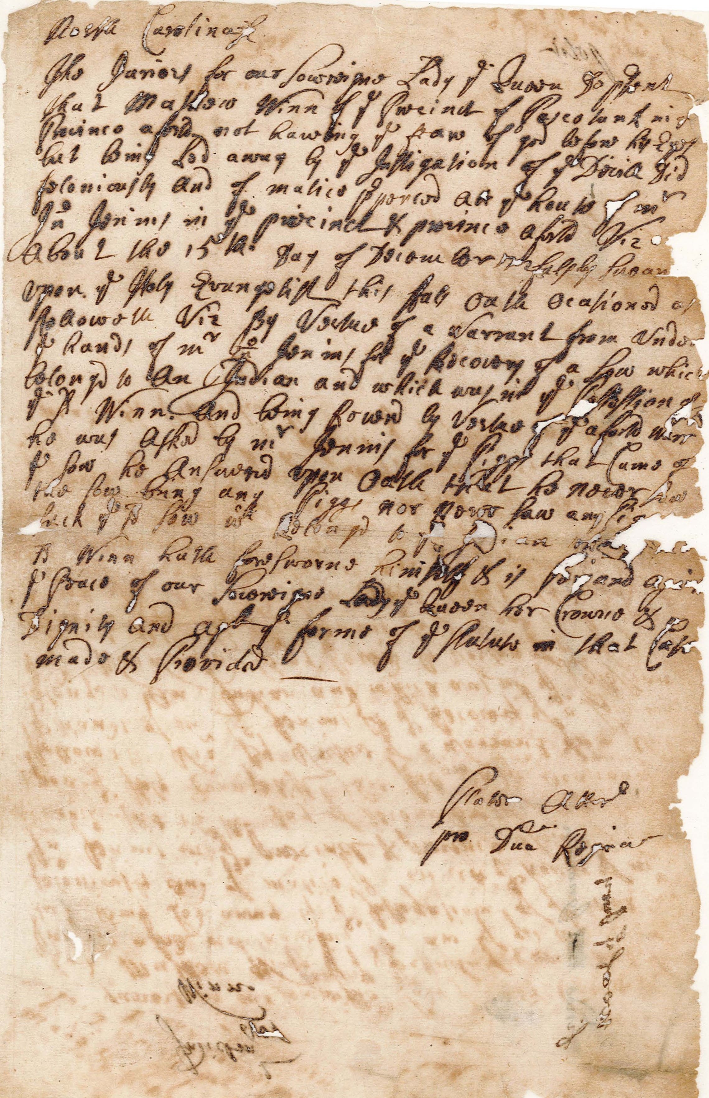 Indictment Against Mathew Winn, circa March 1703, page 1