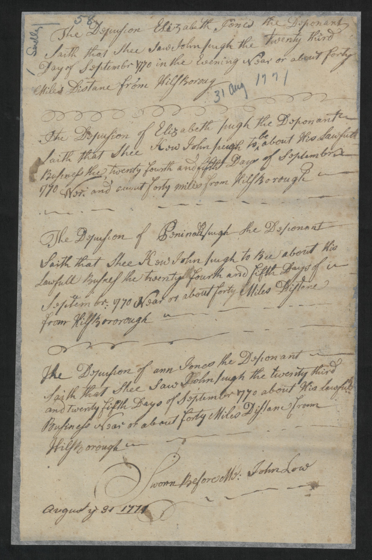 Depositions from Elizabeth Jones, Elizabeth Pugh, Peninah Pugh, Ann Jones, Samuel Walker, John Marsh, William Savage, Cathren Marley to the North Carolina Colonial Assembly Against John Pugh, 31 August 1771 page 1