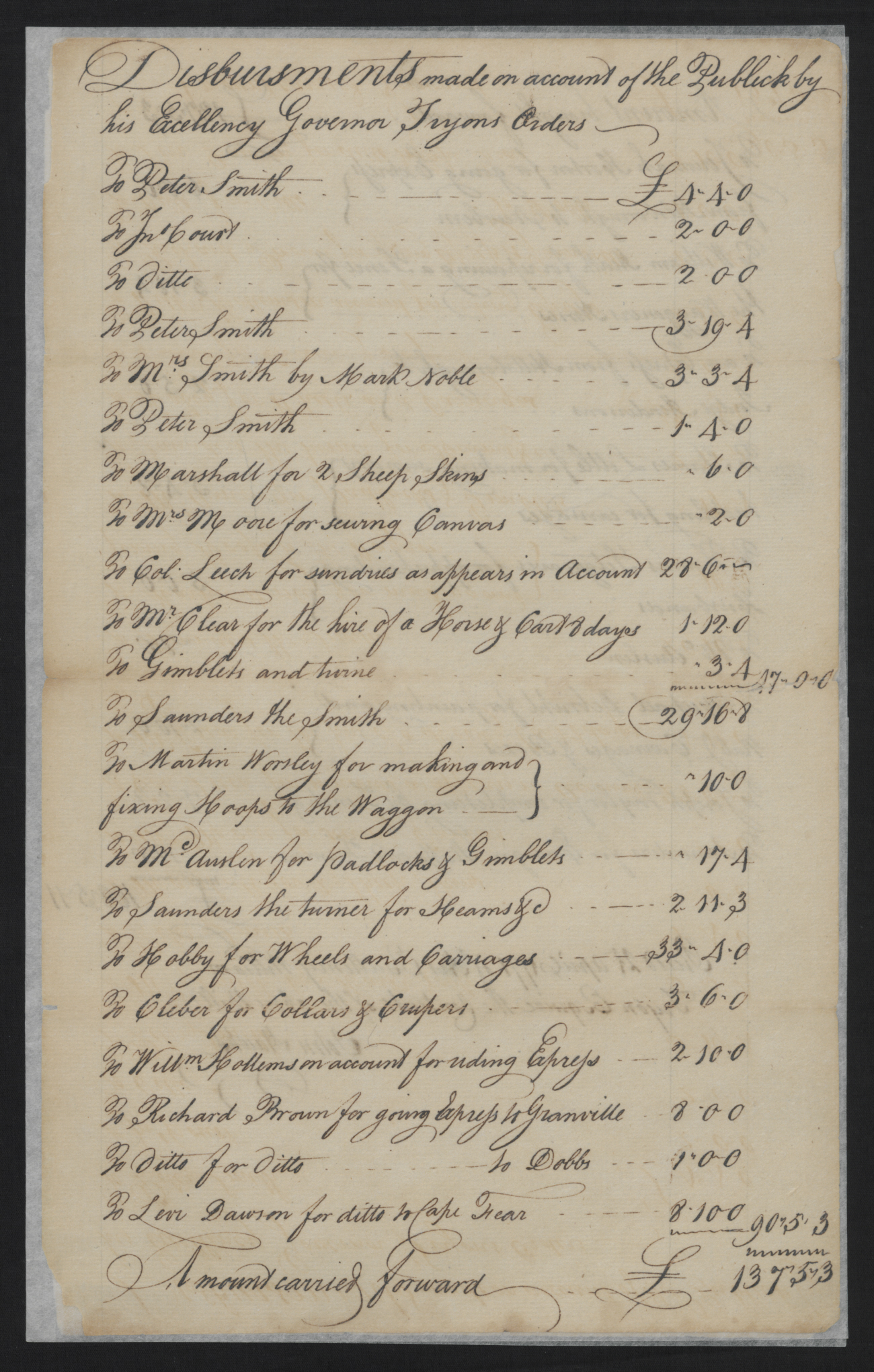 Account of Payments from William Tryon, April 25 1771, page 1.