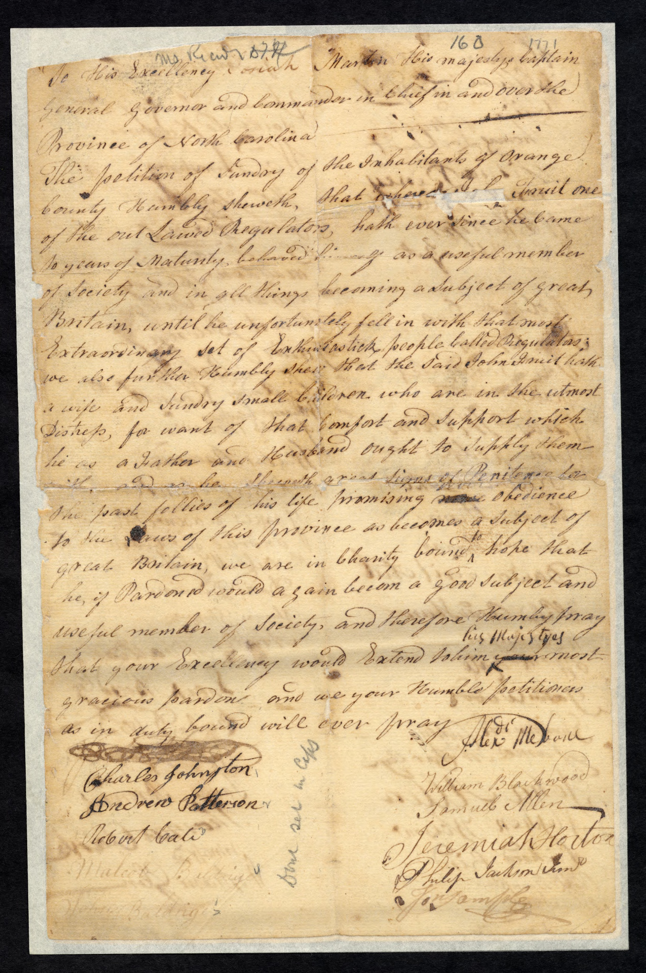Petition from Orange County Citizens to Josiah Martin on Behalf of John Fruit.