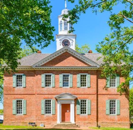 The exterior of the historic Chowan County Courthouse, made of red brick and built in 1767