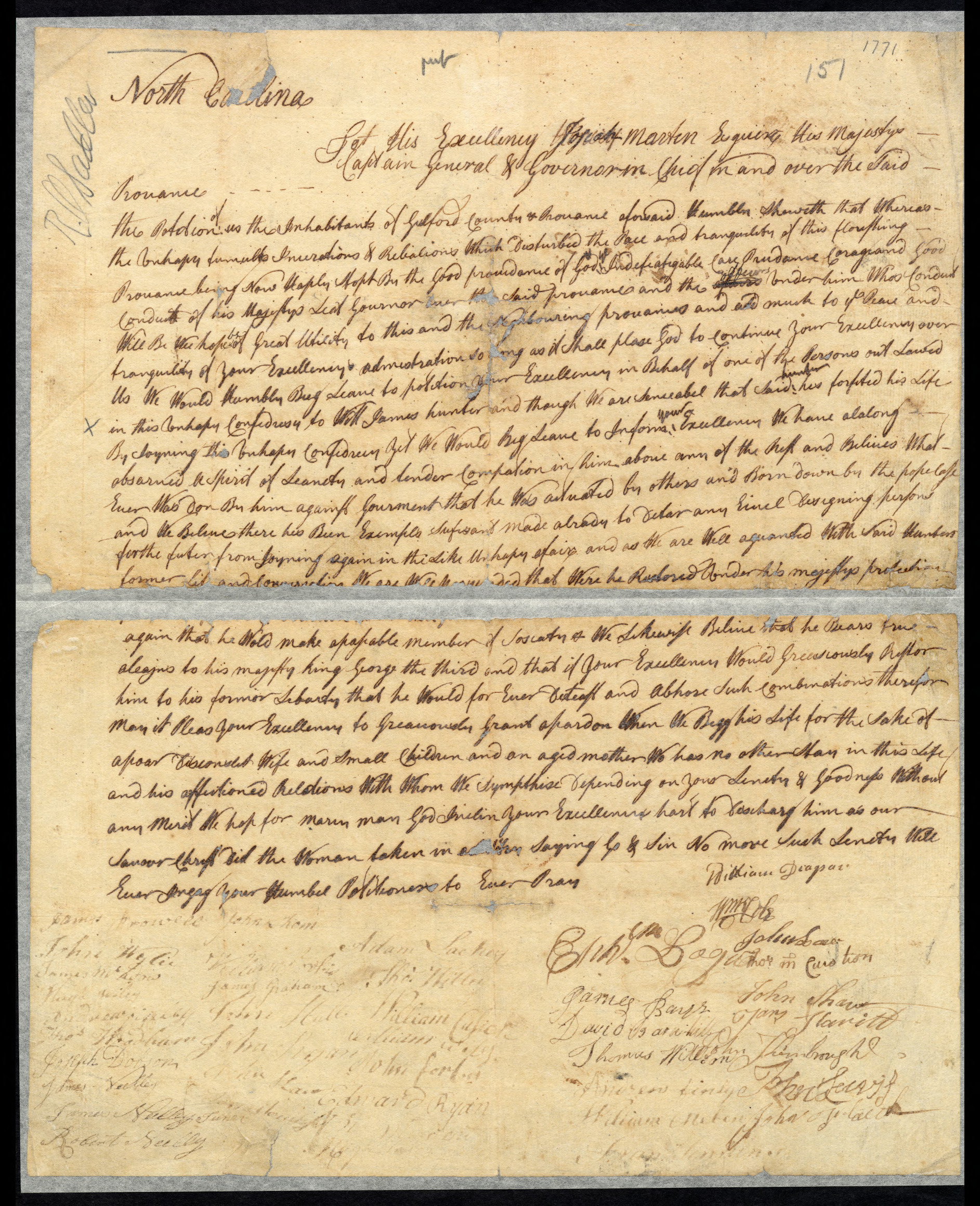 Petition from Guilford County Citizens to Josiah Martin on Behalf of John Hunter, page 1.