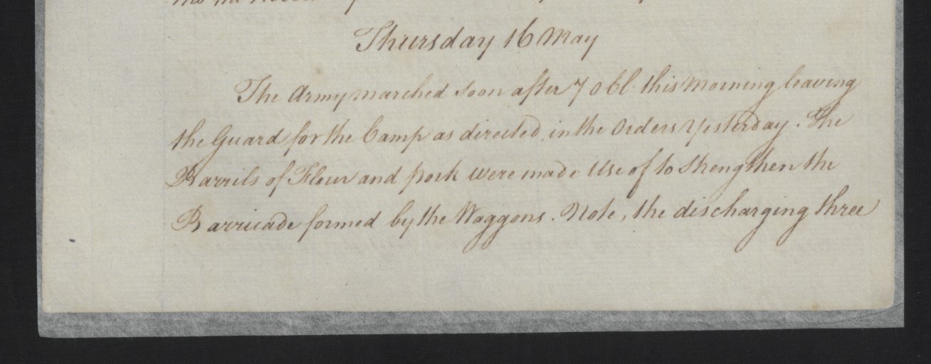 Journal Entry from William Tryon on the Expedition Against the Regulators, 16 May 1771, page 1.