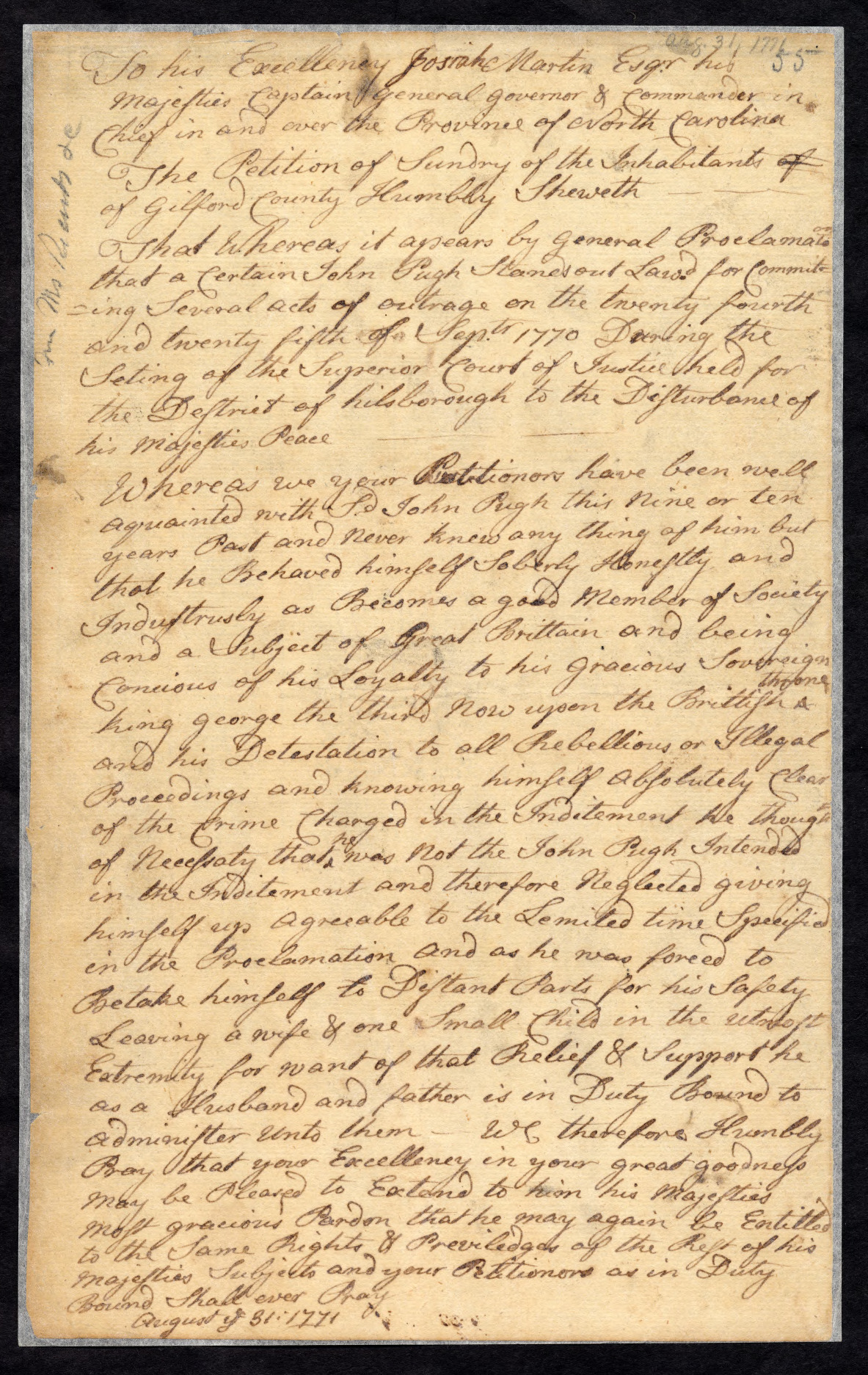 Petition from Guilford County Citizens to Josiah Martin on Behalf of John Pugh