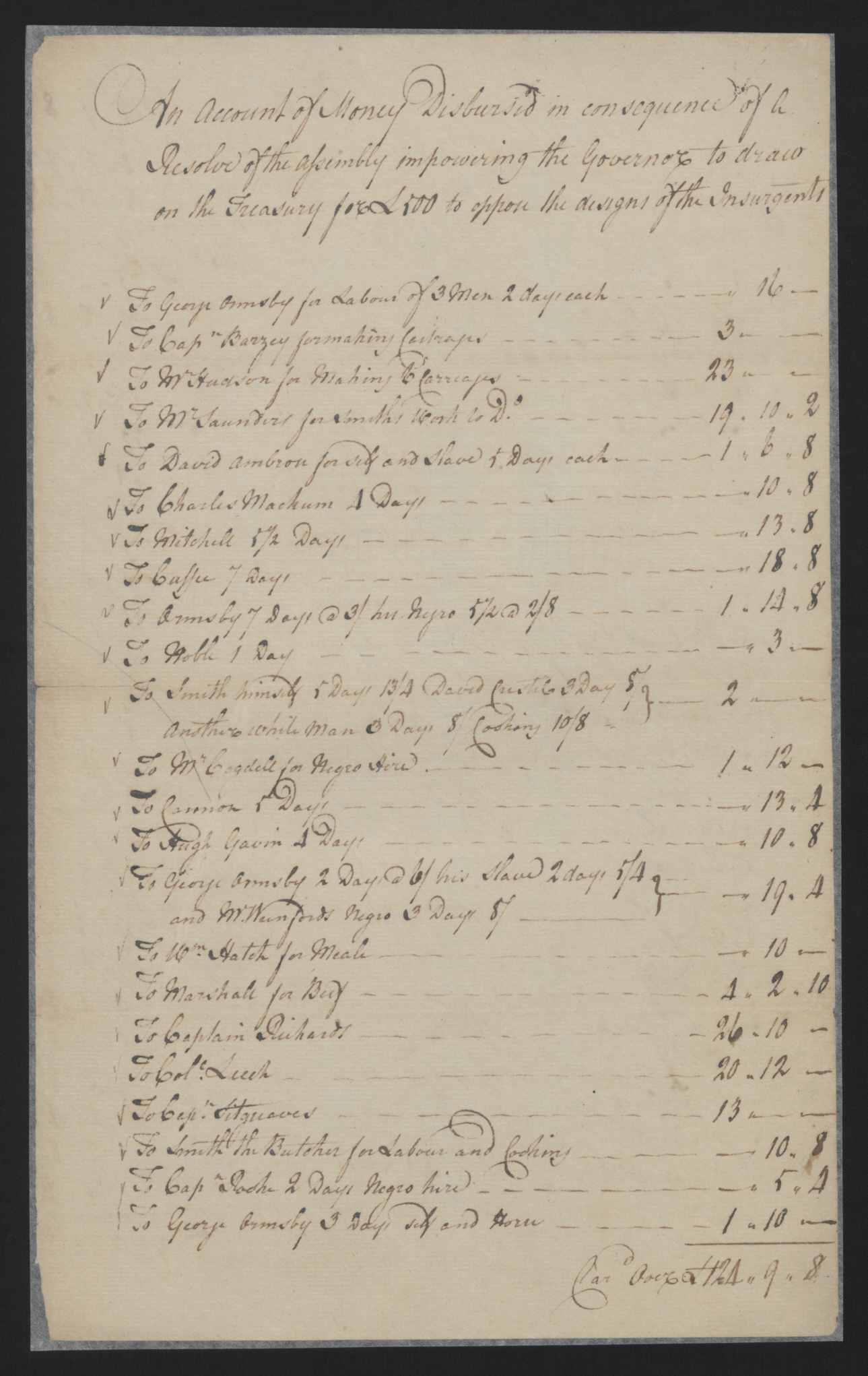 Payments from Joseph Leech in Preparation for the March of the Militia Against the Regulators, 19 February 1771, page 1.