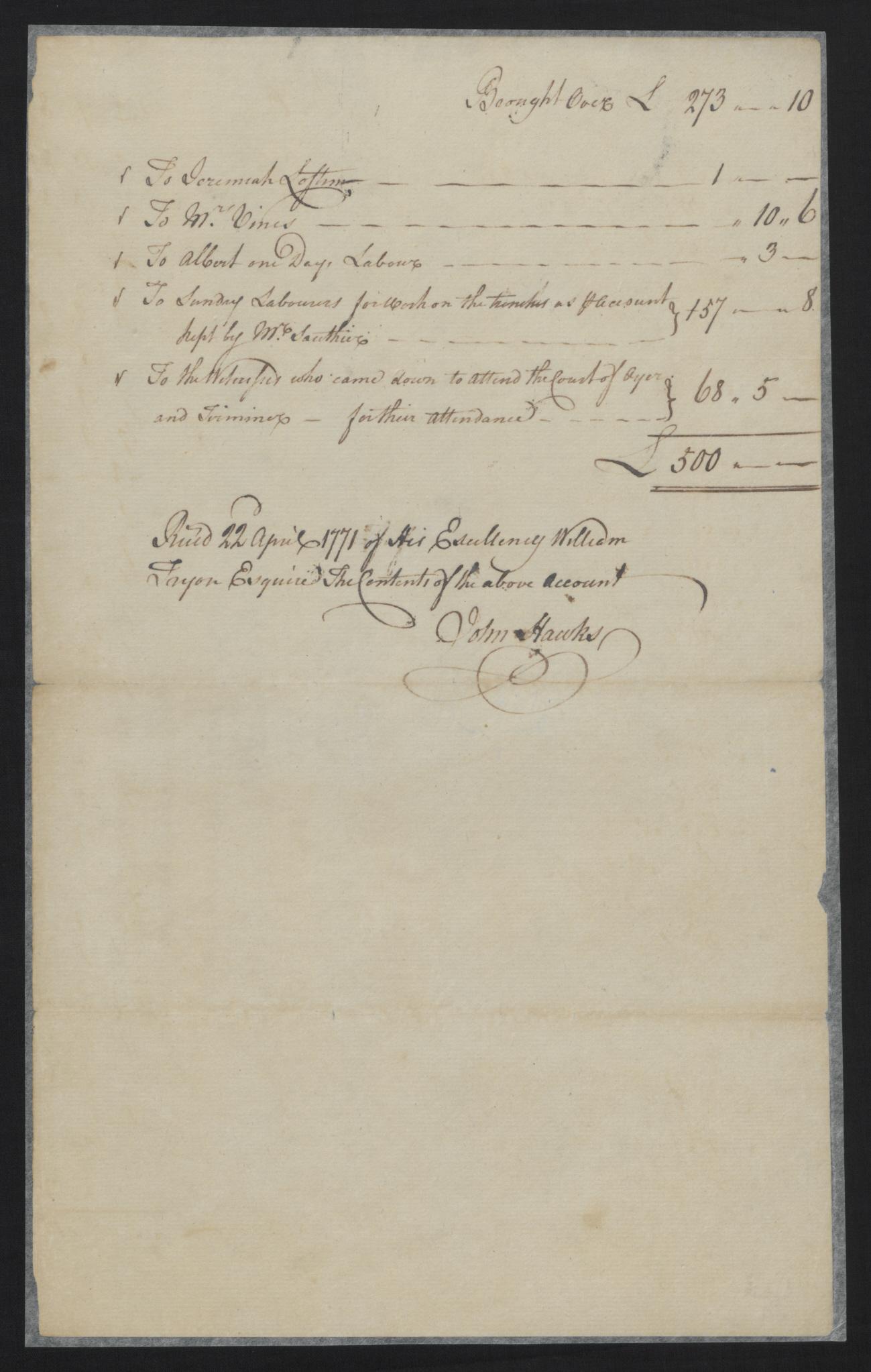 Payments from William Tryon in Preparation for the March of the Militia Against the Regulators, 22 April 1771, page 3