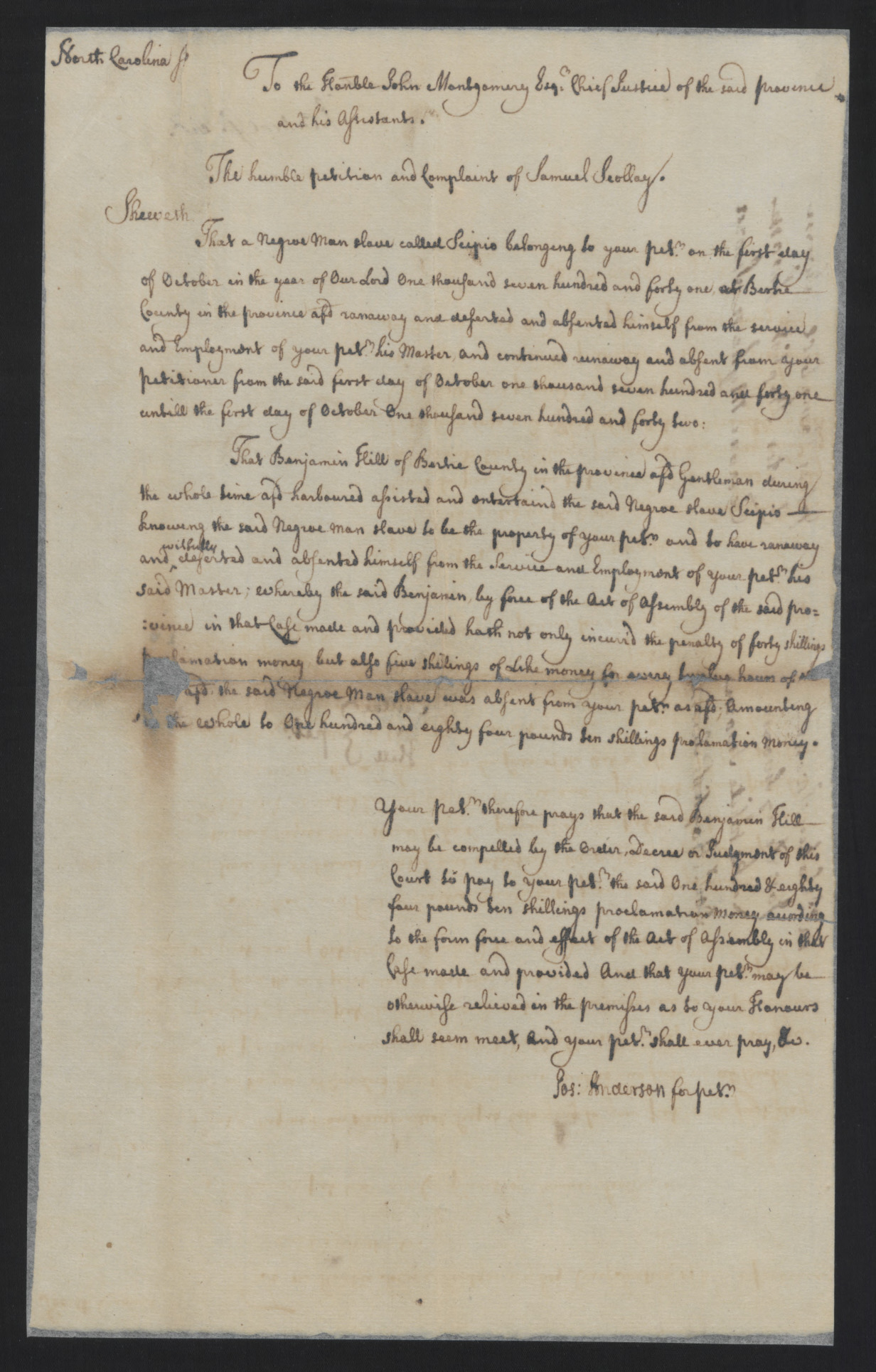 Petition from Samuel Scollay to John Montgomery, circa 1 October 1742, page 1