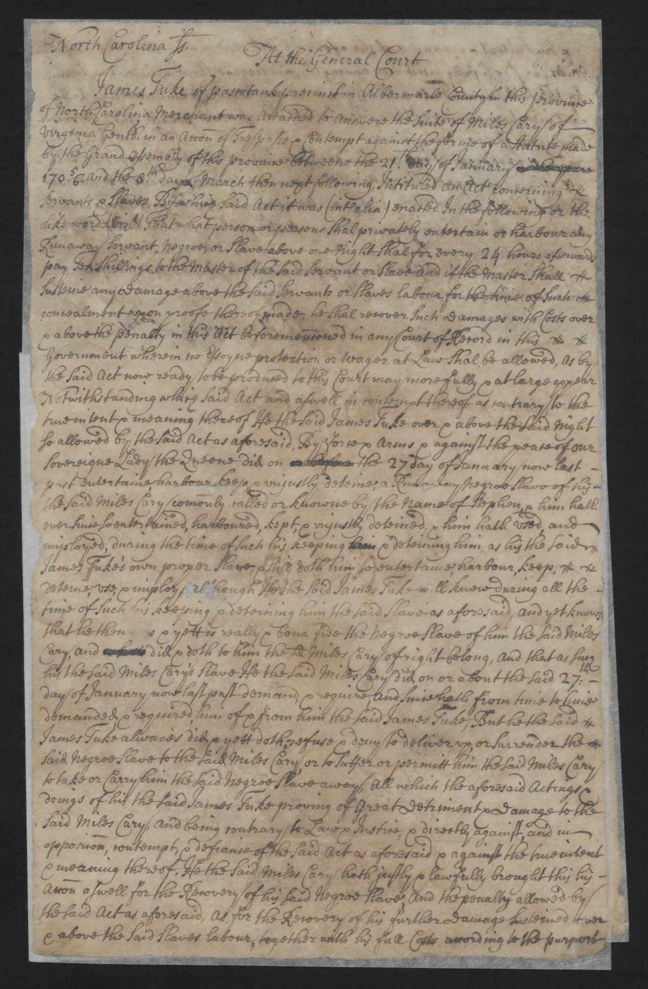 Complaint from Miles Cary against James Tookes, 30 July 1713, page 1