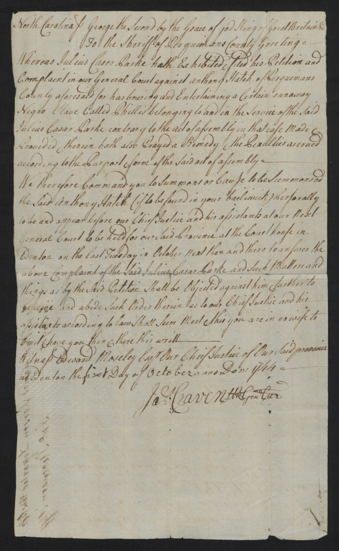 Warrant from James Craven to John Stevenson for Anthony Hatch, 1 October 1744, page 1