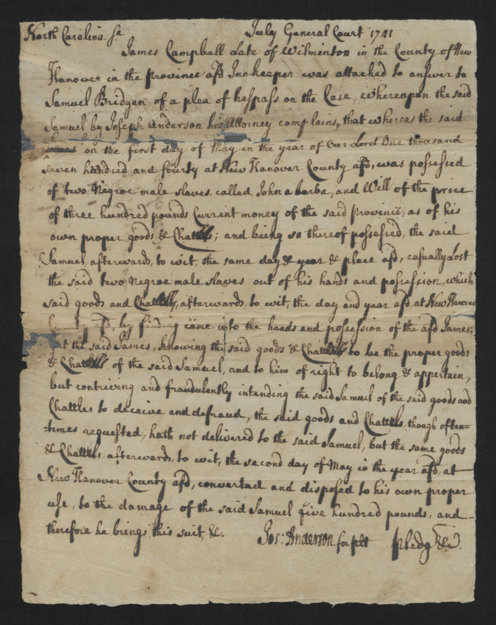 Lawsuit from Samuel Bridgen against James Campbell, July 1741, page 1