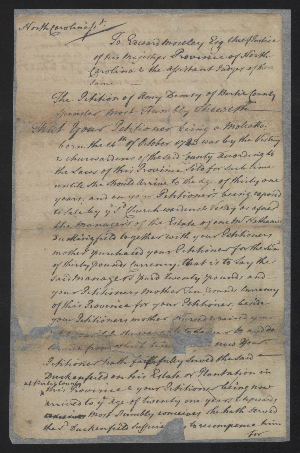 Petition from Amy Demsy to Edward Moseley, circa 1744, page 1
