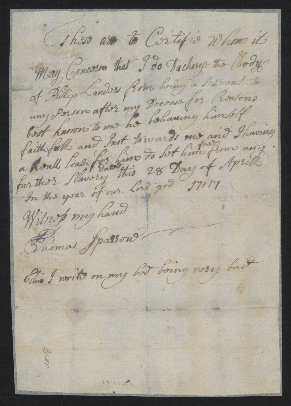 Manumission Certificate from Thomas Sparrow to Phillip Landers, 28 April 1717, page 1