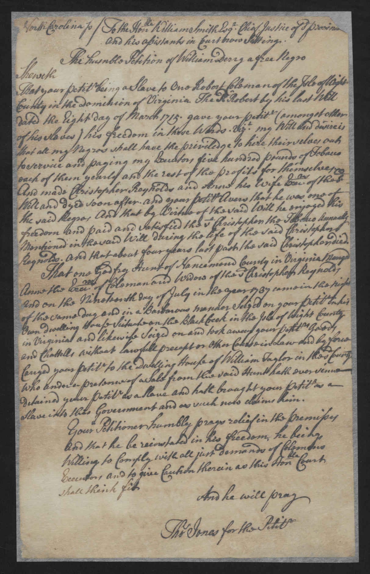 Petition from William Derry to William Smith, circa 1740