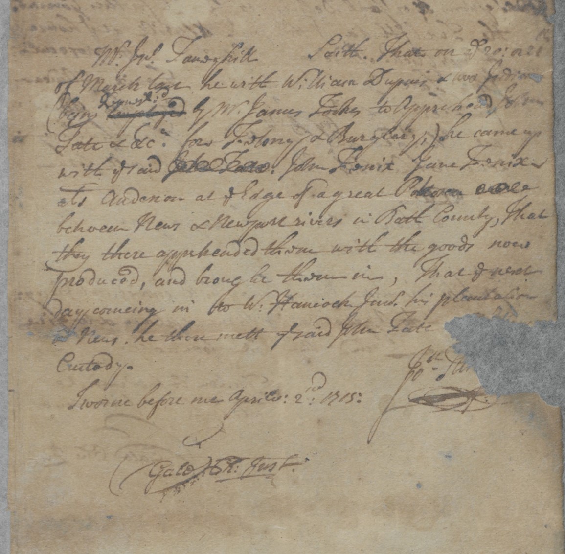 Examination of John Taneyhill, 2 April 1715
