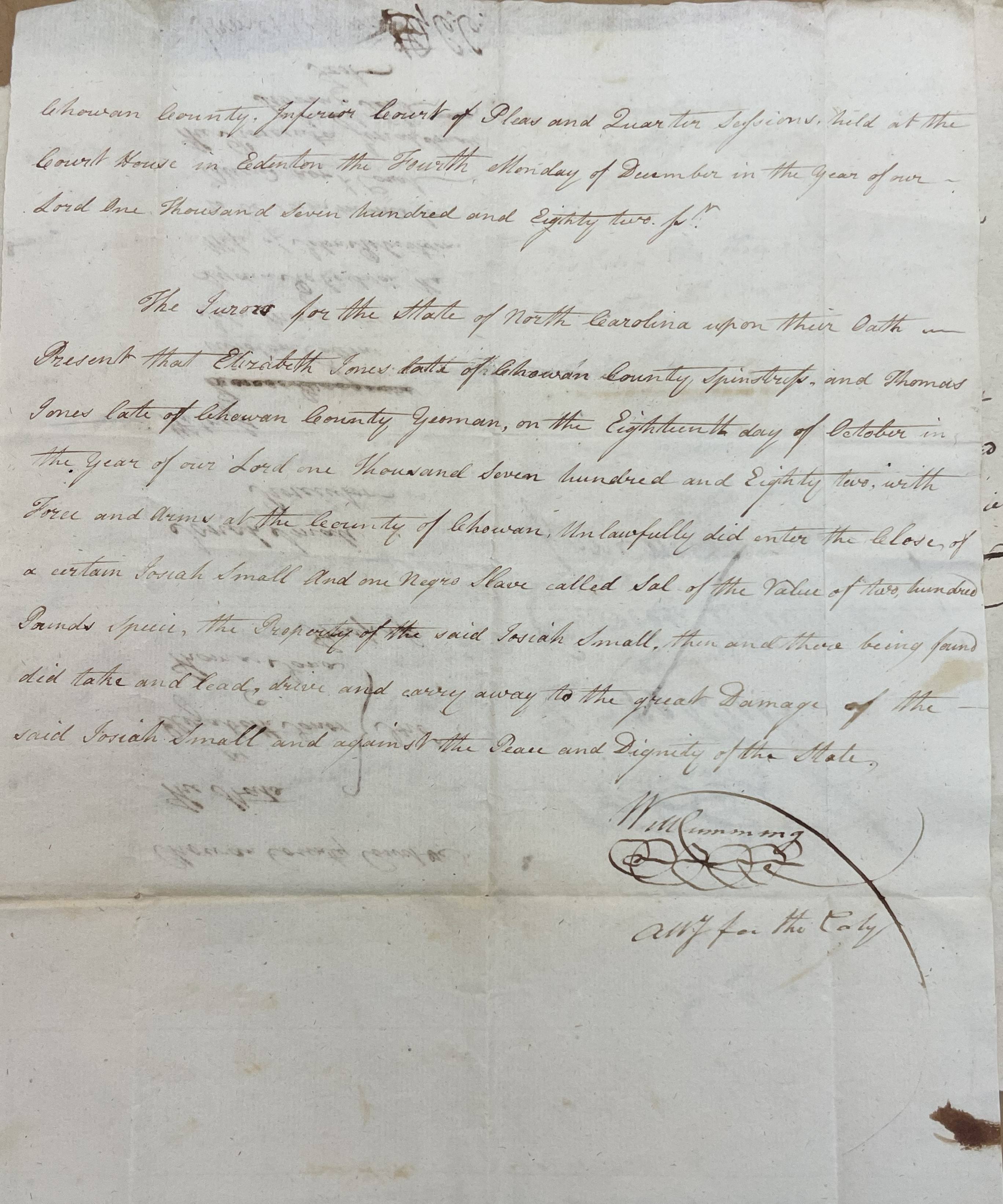 Jury Verdict in the Case of North Carolina vs. Elizabeth Jones and Thomas Jones, 23 December 1782, page 1