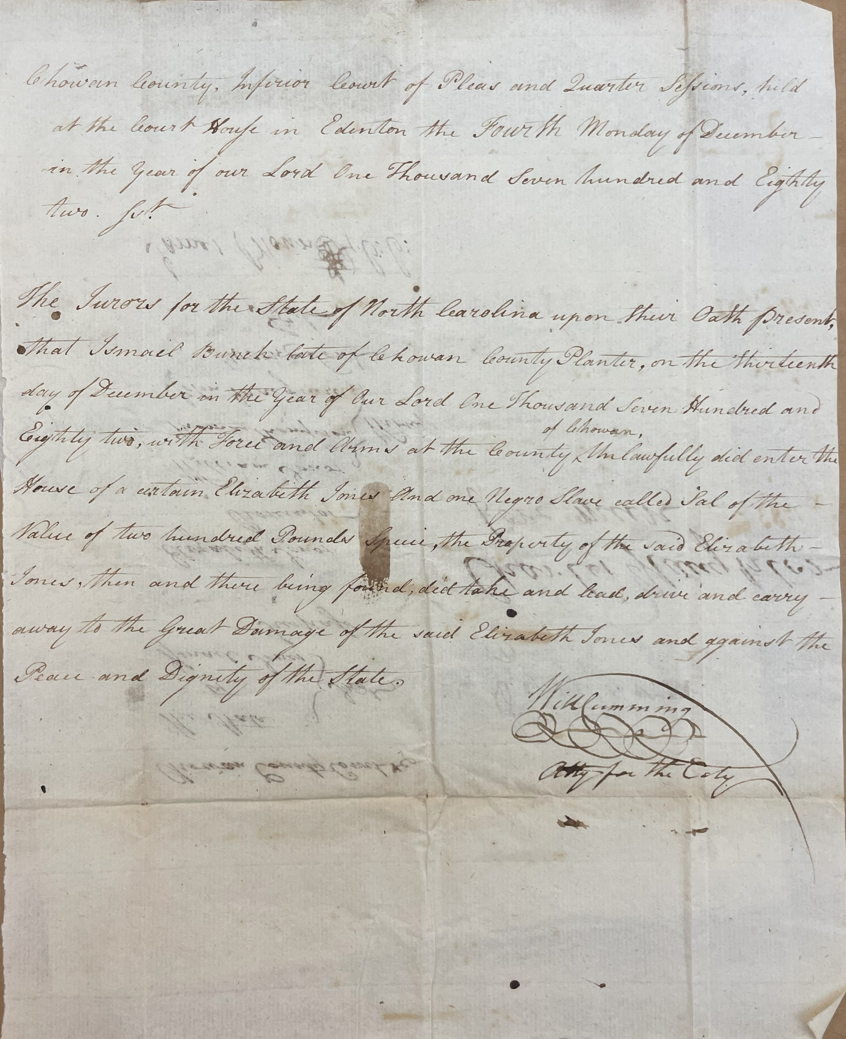Jury Verdict in the Case of North Carolina vs. Ismael Bunch, 23 December 1782, page 1