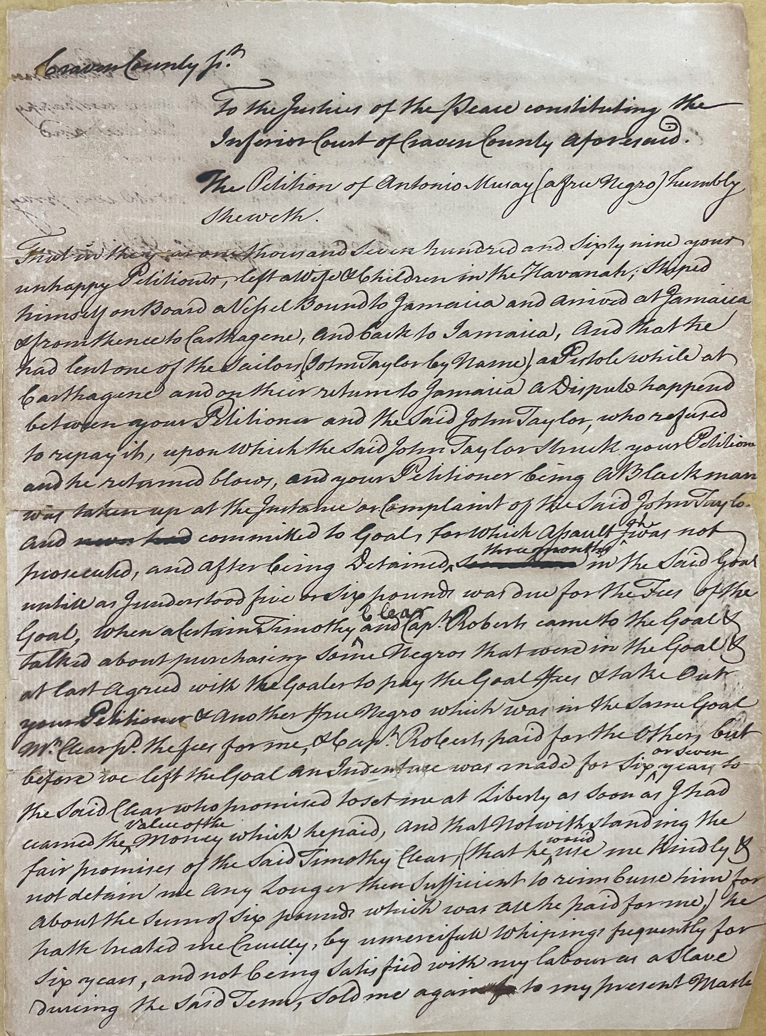 Petition from Antonio Muray to the Craven County Court, December 1775, page 1