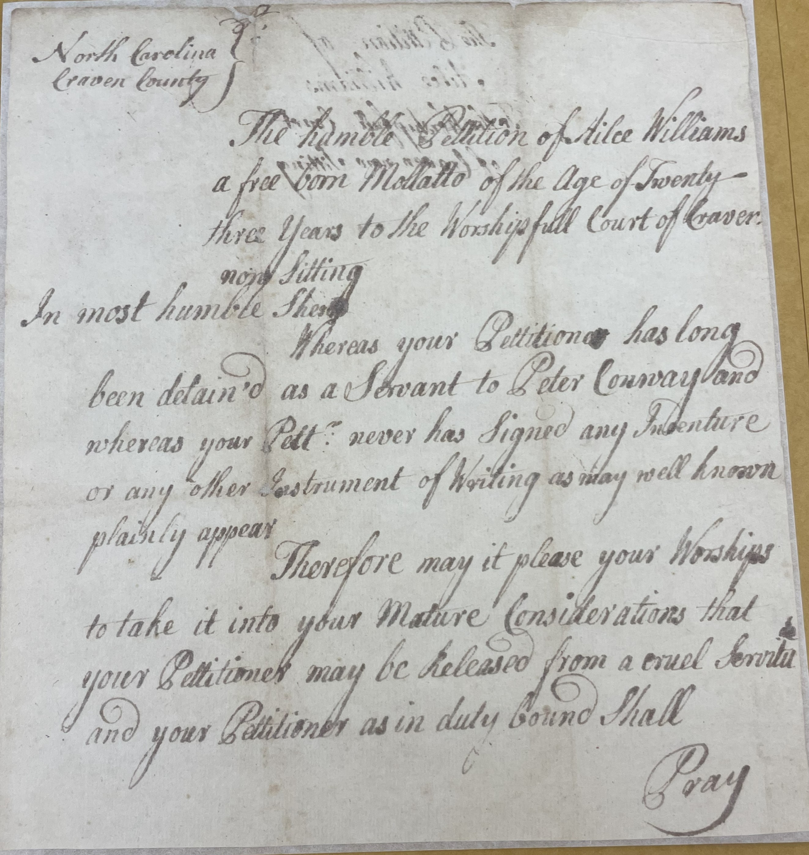 Petition from Alice Williams to the Craven County Court, circa 1775, page 1