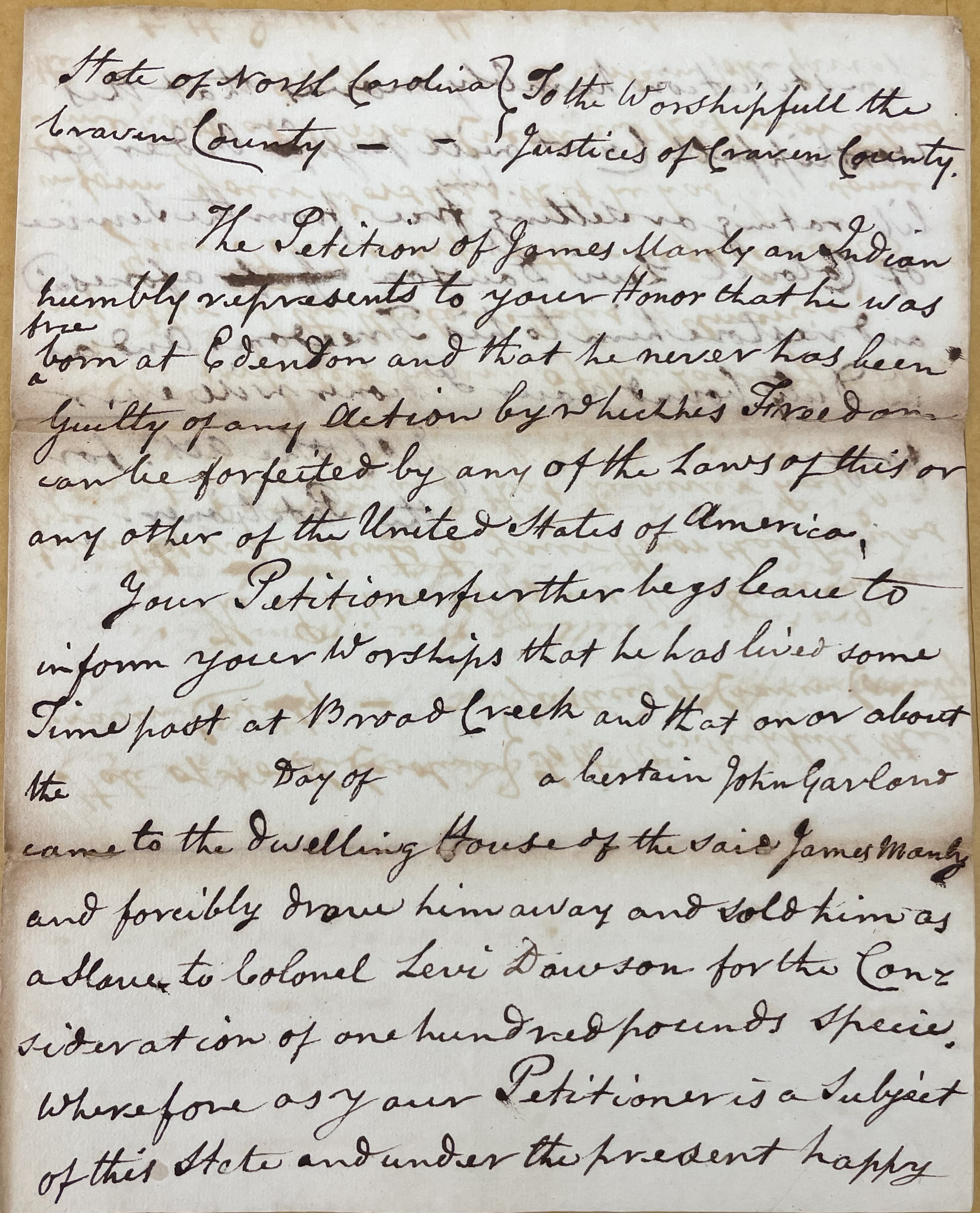 Petition from James Manly to the Craven County Court, December 1782, page 1