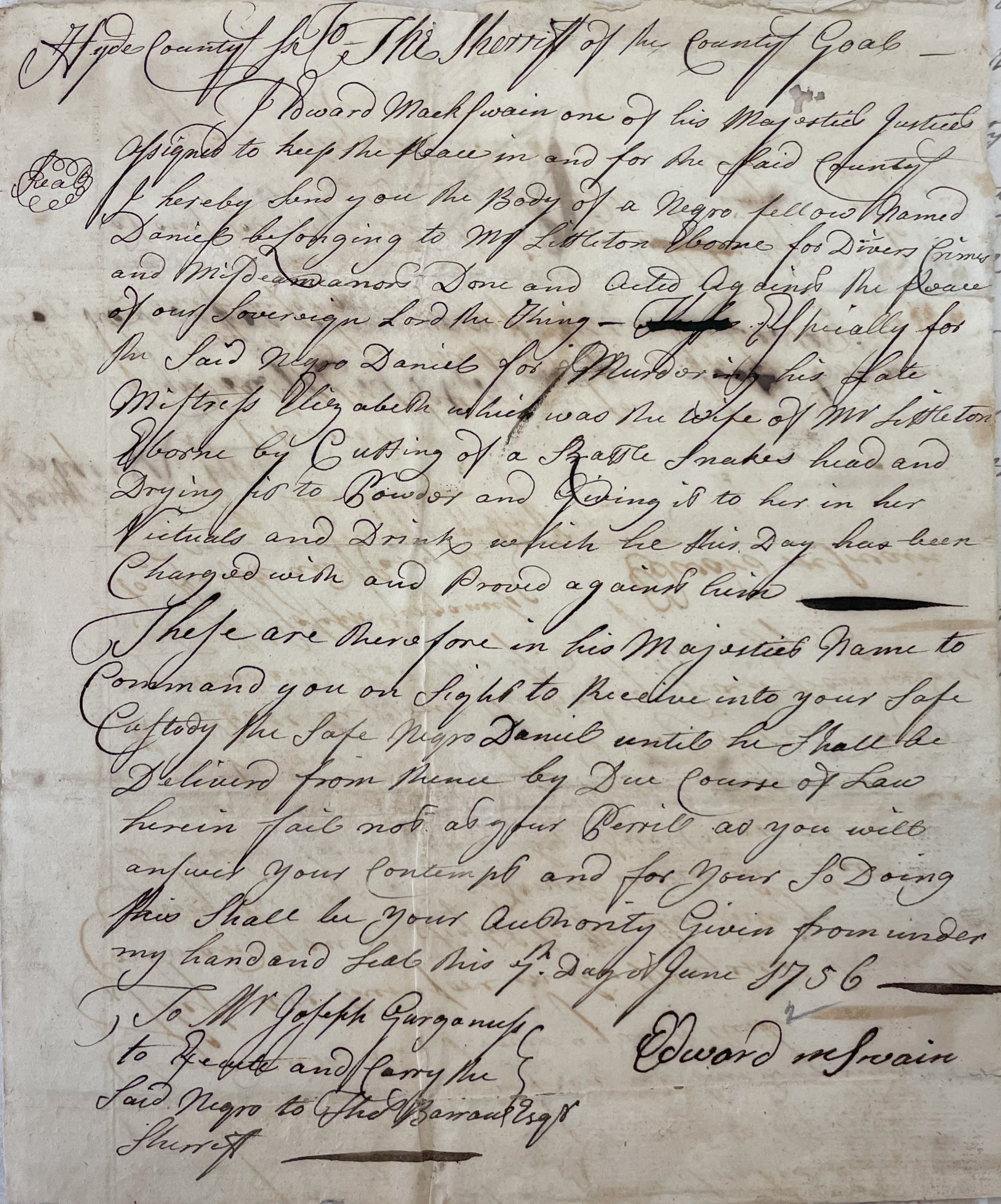 Warrant from Edward McSwain to Joseph Gurganus for Daniel, 7 June 1756, page 1