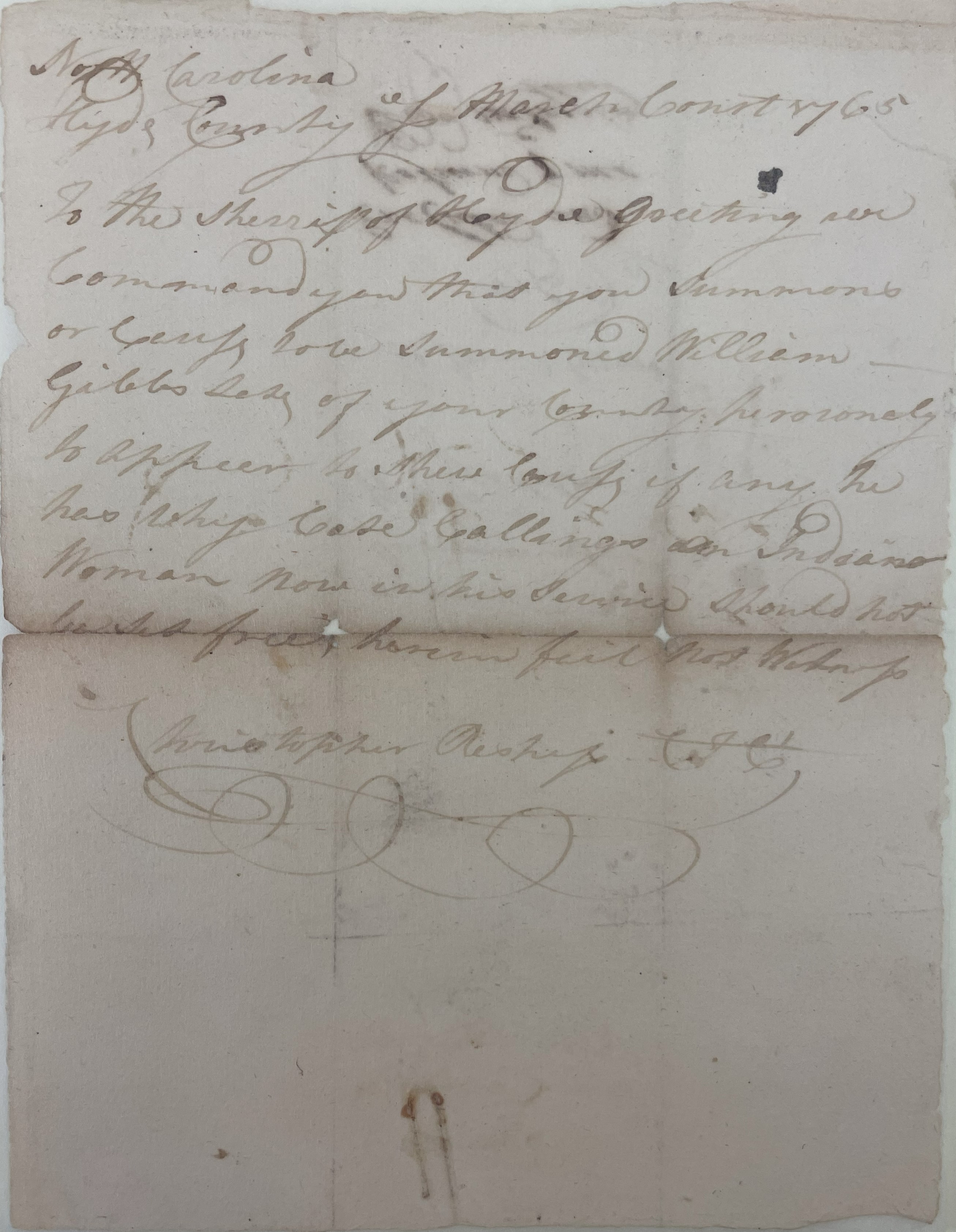Warrant from Christopher Respass to Edward McSwain for Willam Gibbs, March 1765, page 1