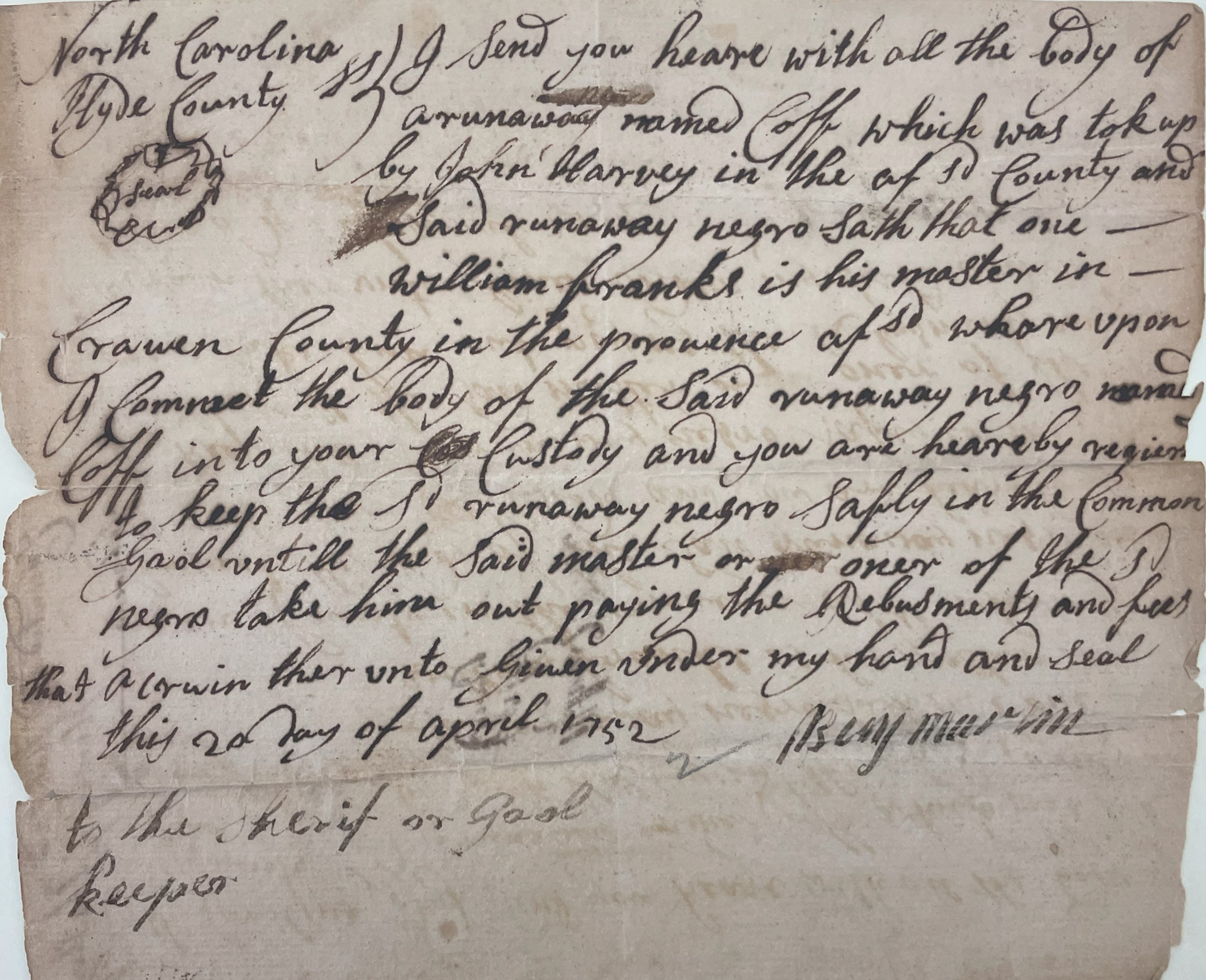 Committment of Coff from Benjamin Martin to Henry Gibbs, 20 April 1752, page 1