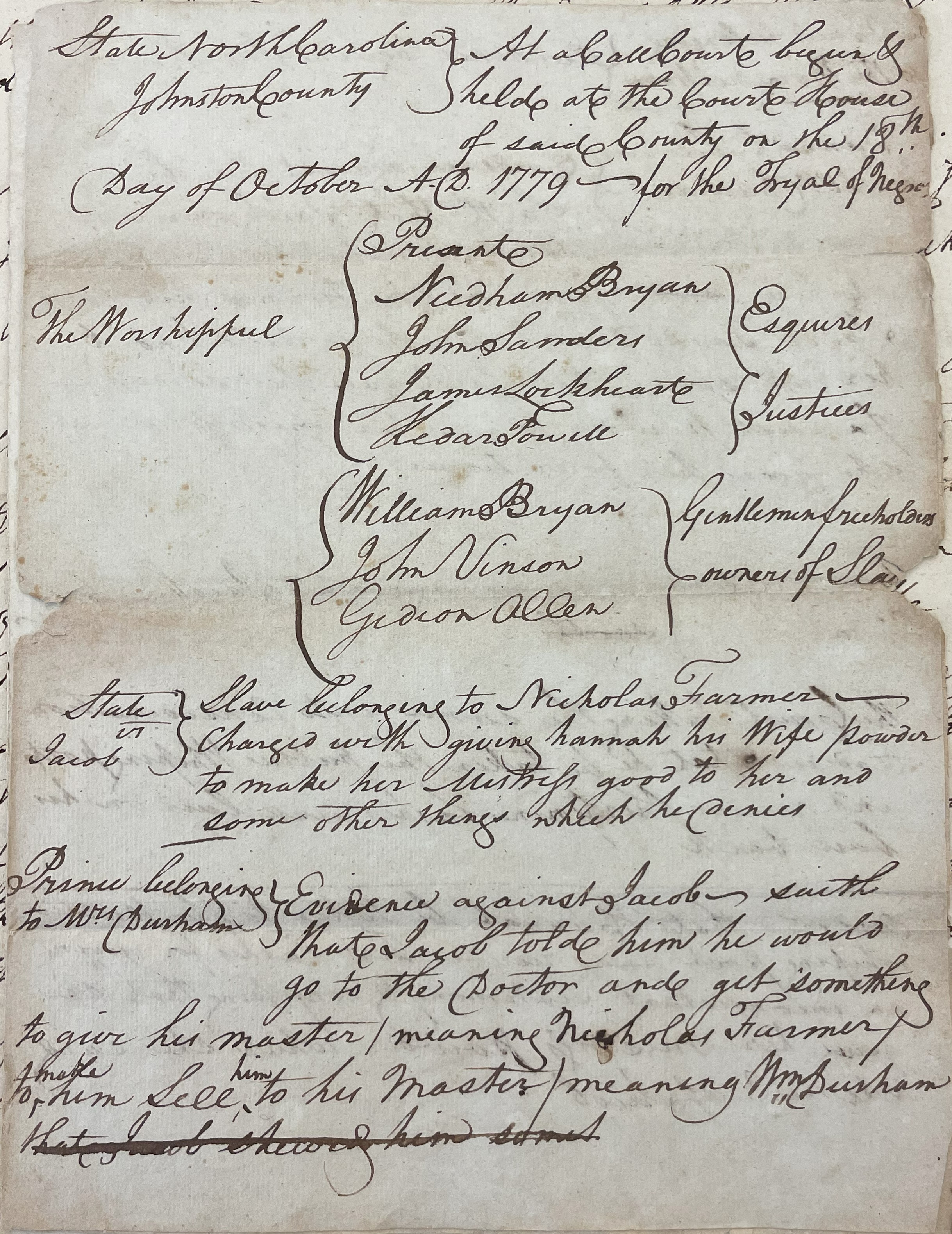 Trial of Jacob, Hannah, and Frank, 18 October 1779, page 1