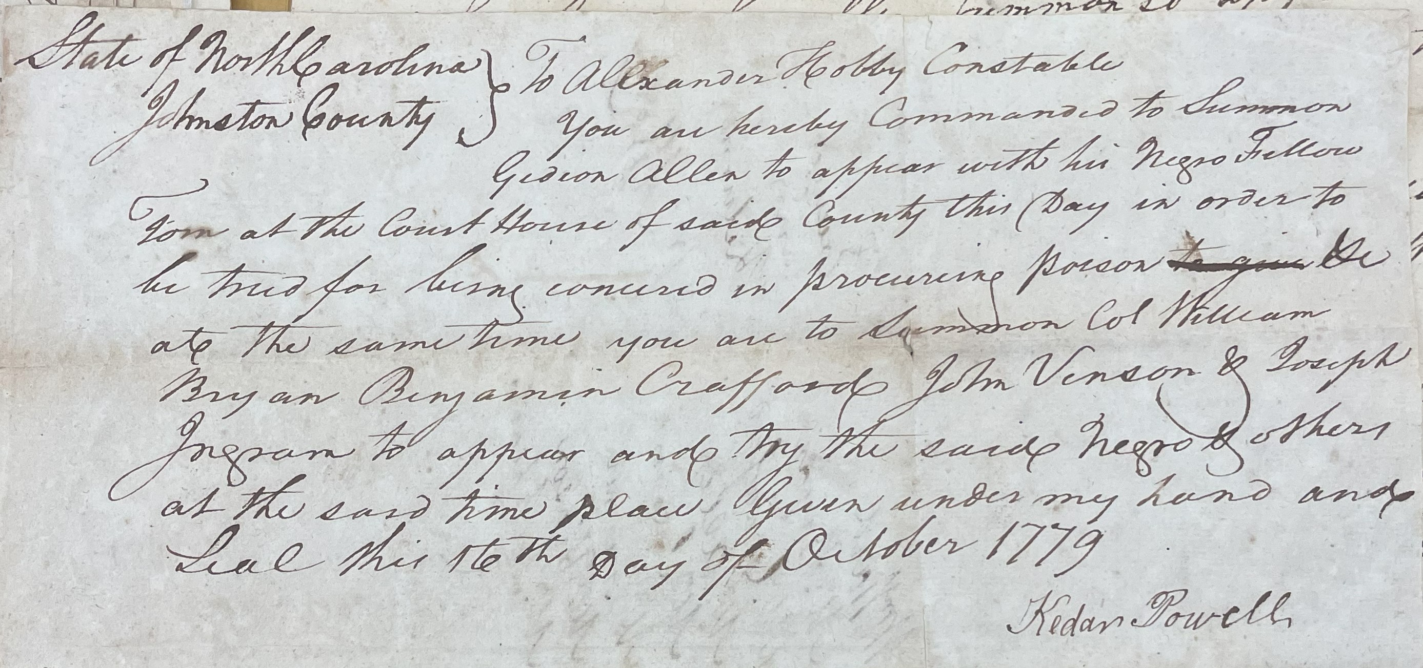 Warrant from Kedar Powell to Alexander Hobby for Tom, 16 October 1779, page 1