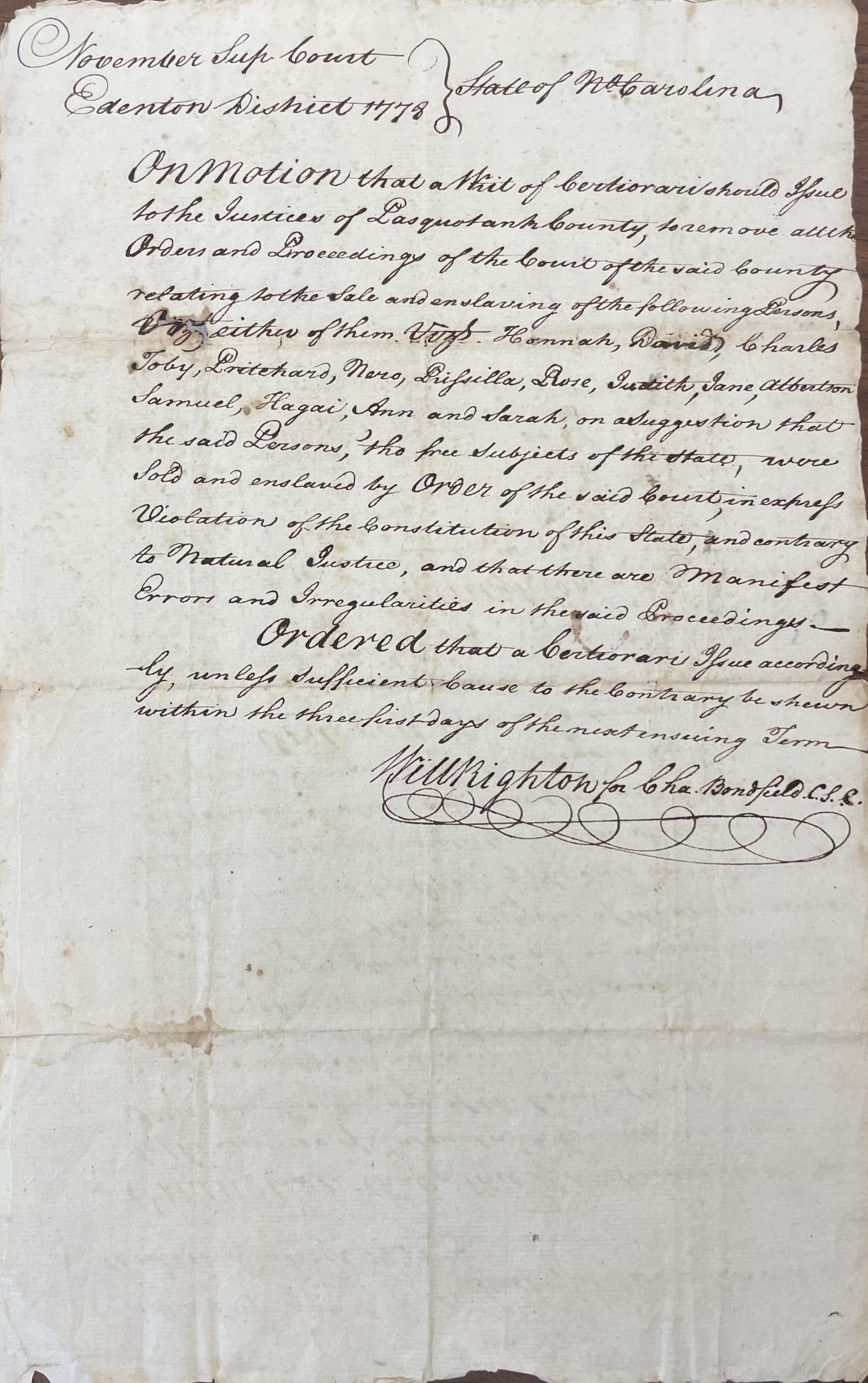 Writ from the Edention District Superior Court to the Pasquotank County Court, November 1778, page 1