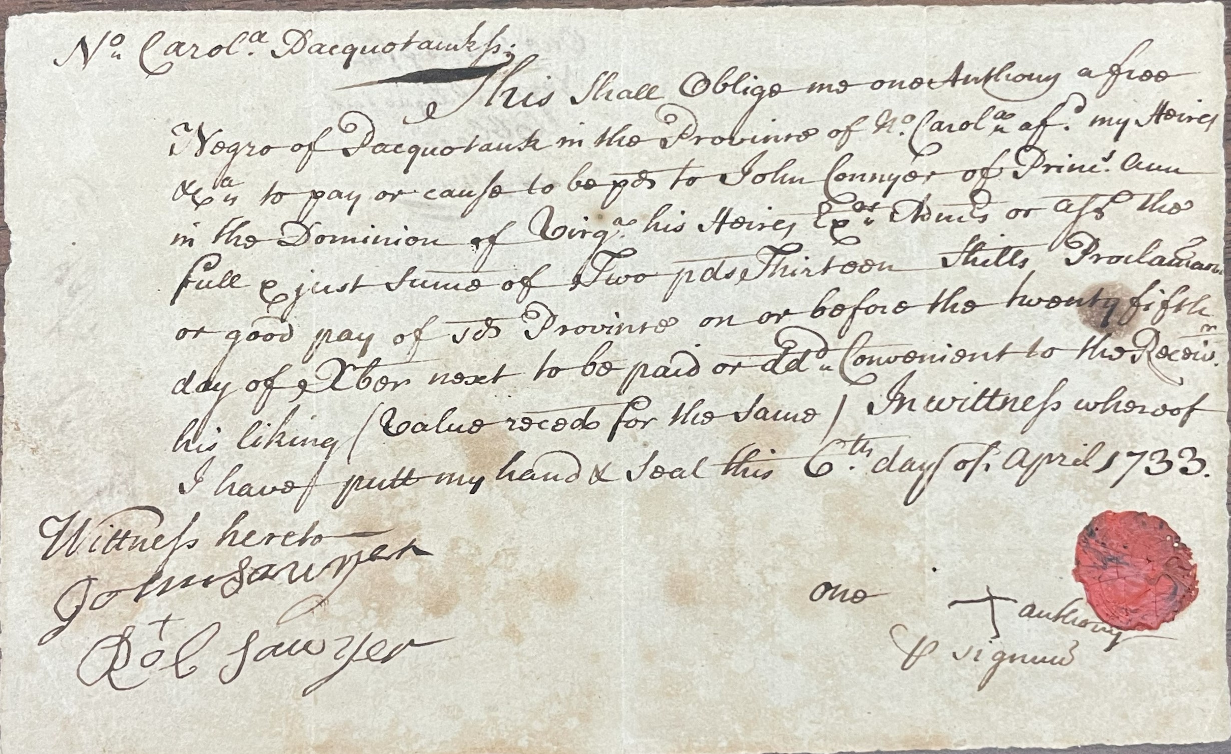 Bond from Anthony to John Connyer, page 1
