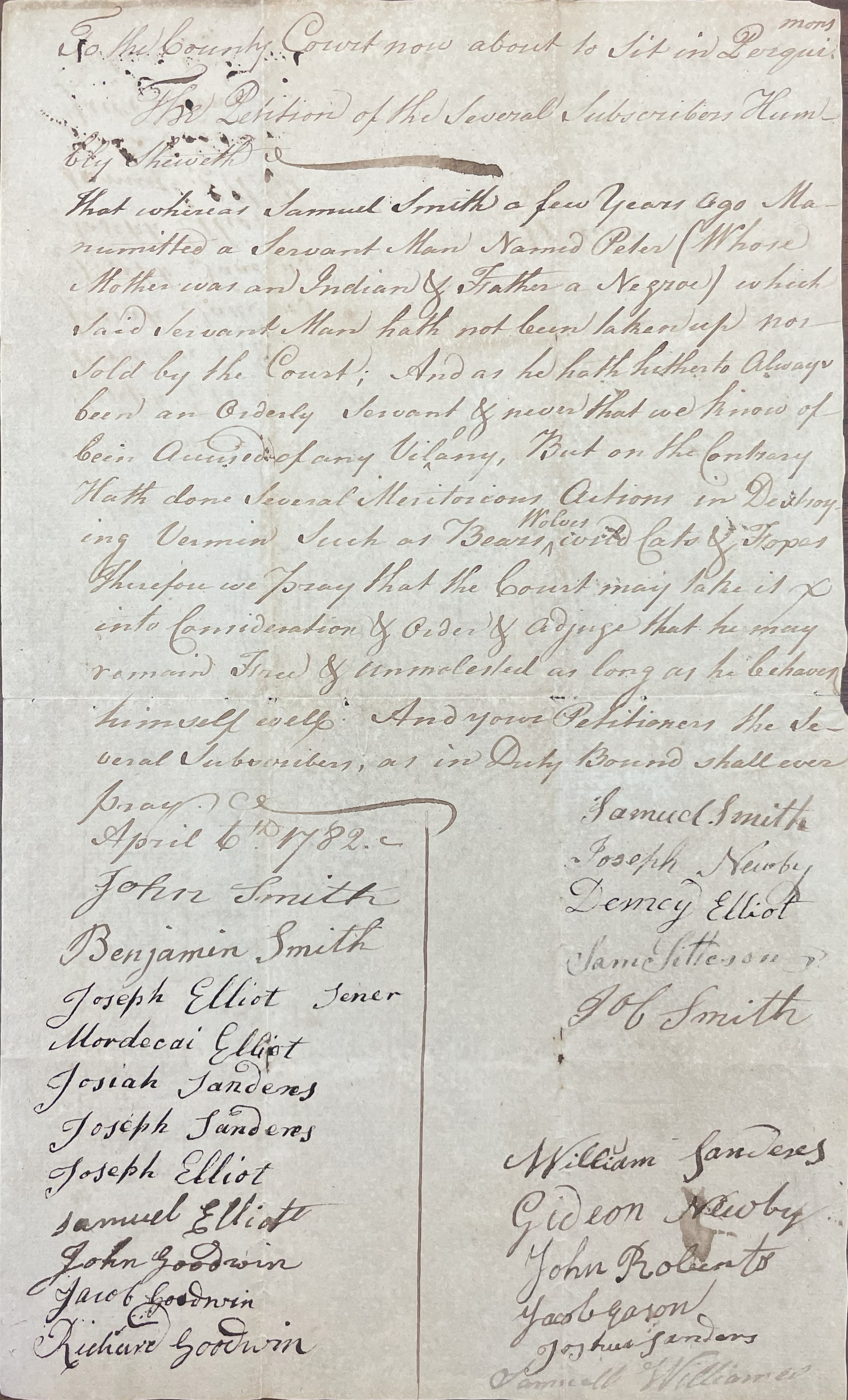 Petition from Perquimans County Residents for Peter's Freedom, 6 April 1782, page 1