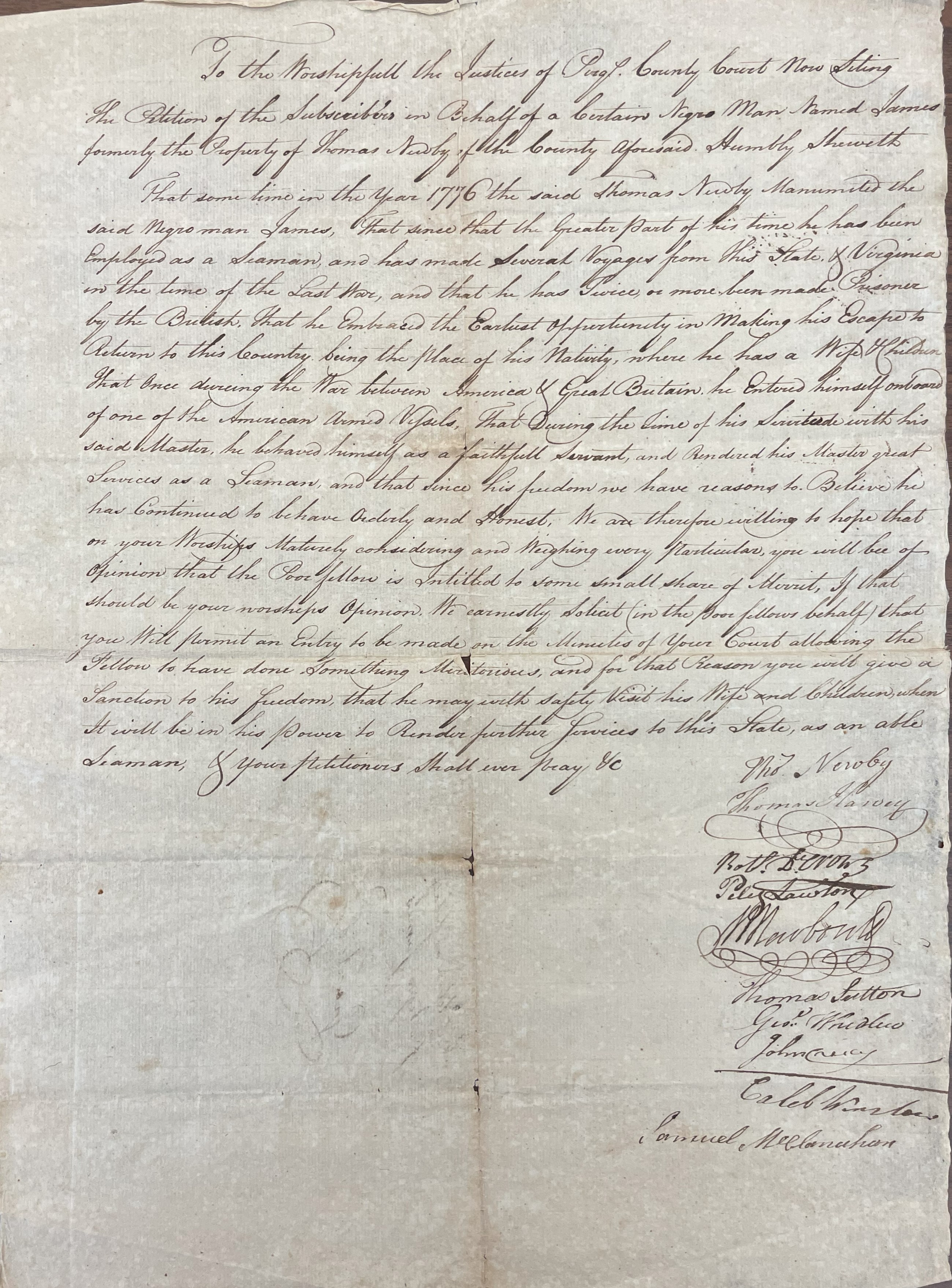 Petition from Perquimans County Residents for James' Freedom, circa 1783, page 1