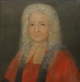 Portrait of Christopher Gale, wearing a long white colonial wig and red and black judicial robes