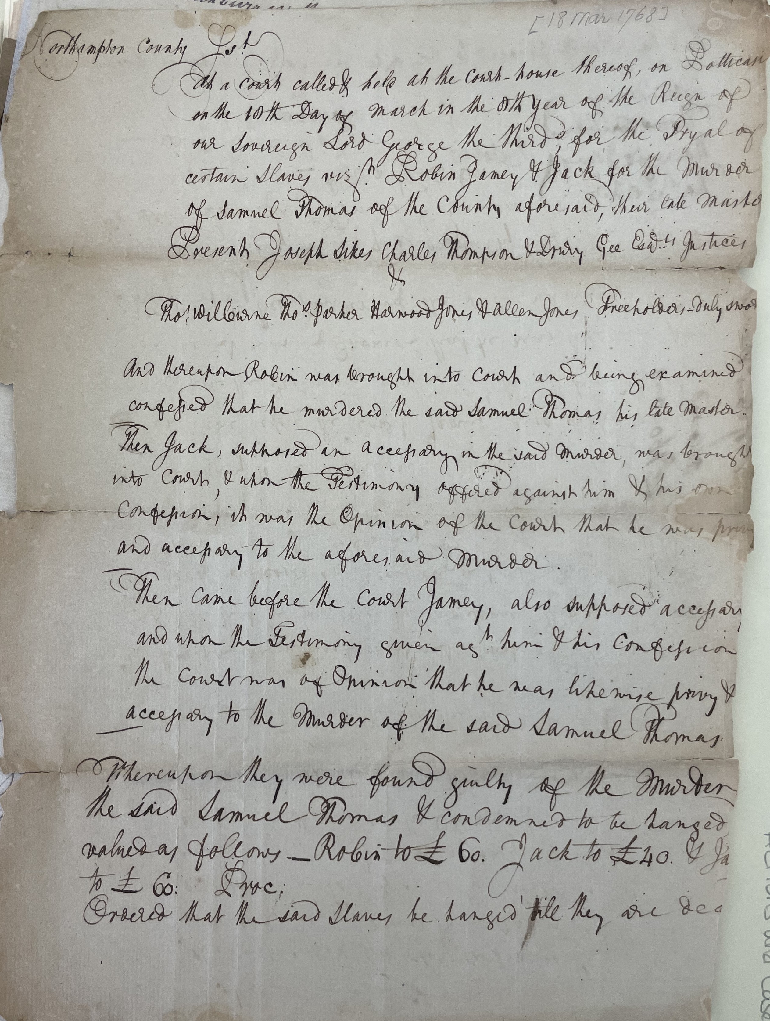 Order from Willie Jones for Robin, Jamey, and Jack, 18 March 1768, page 1