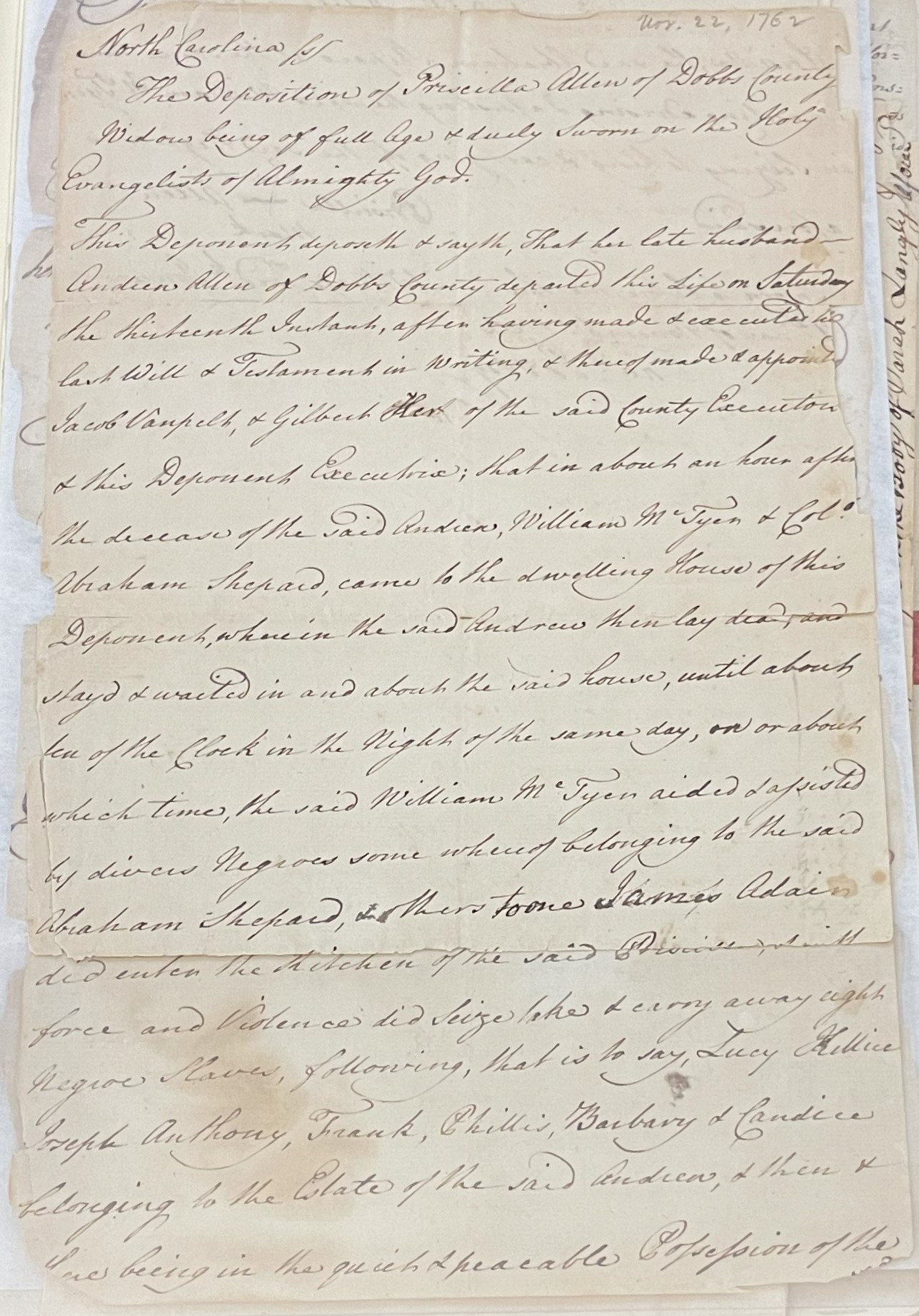 Deposition of Priscilla Allen, 22 November 1762, page 1