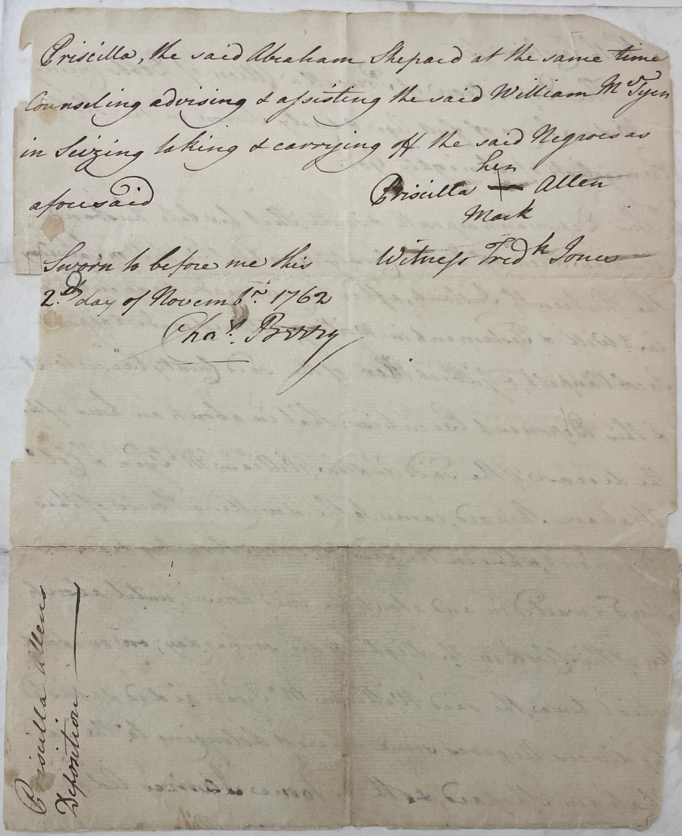 Deposition of Priscilla Allen, 22 November 1762, page 2