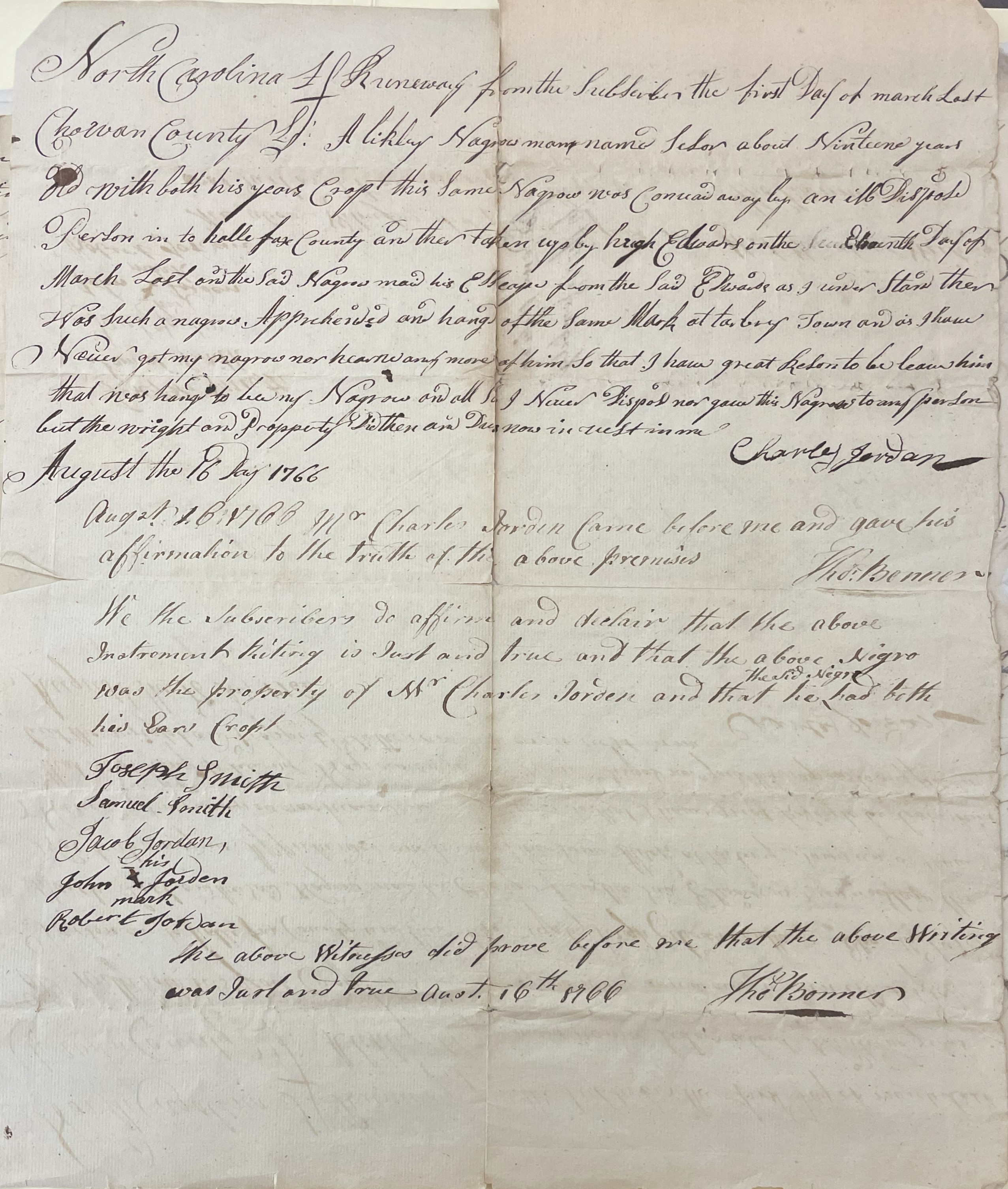 Deposition of Charles Jordan, 16 August 1766, page 1