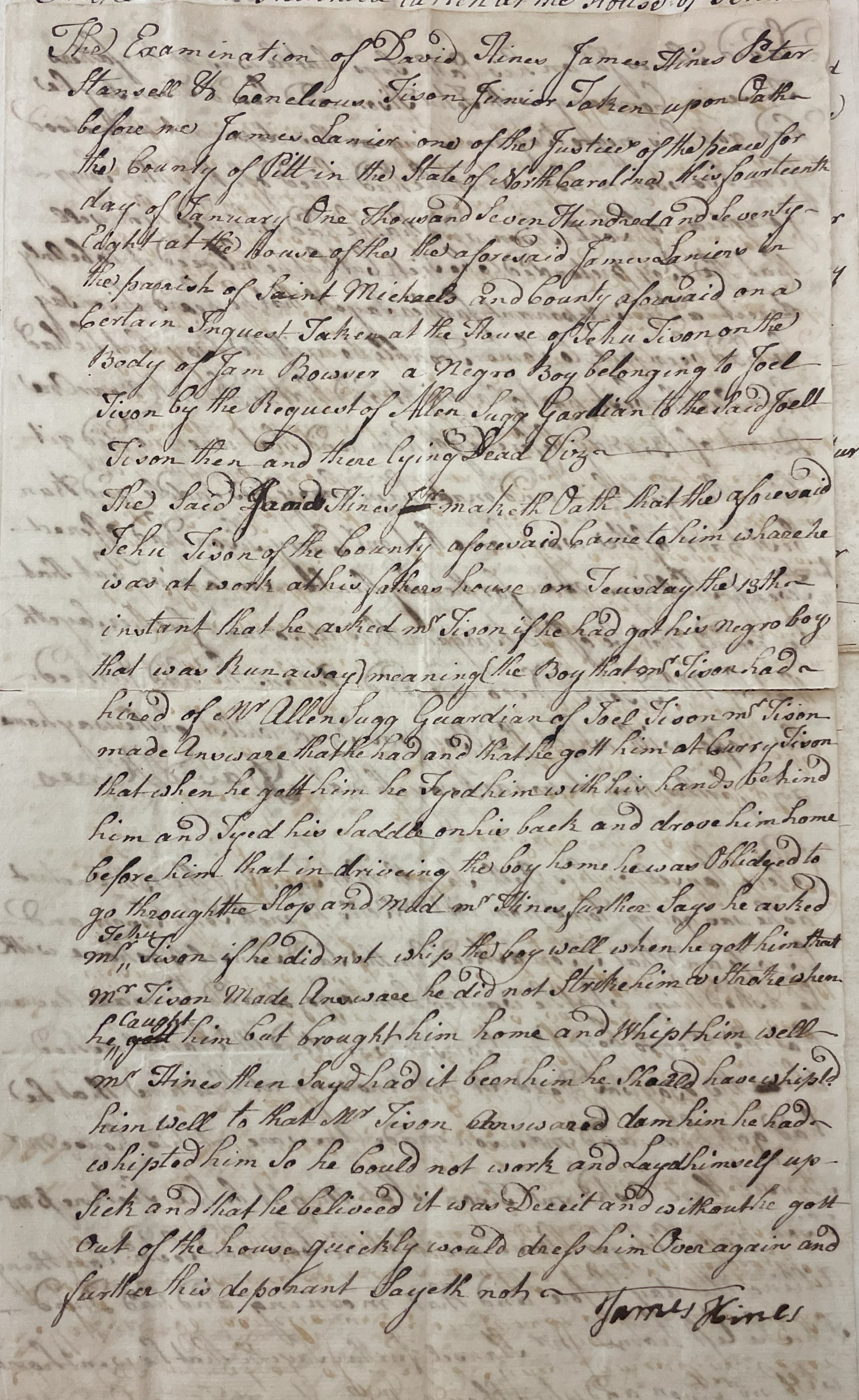 Examination of James Hines, circa 1776