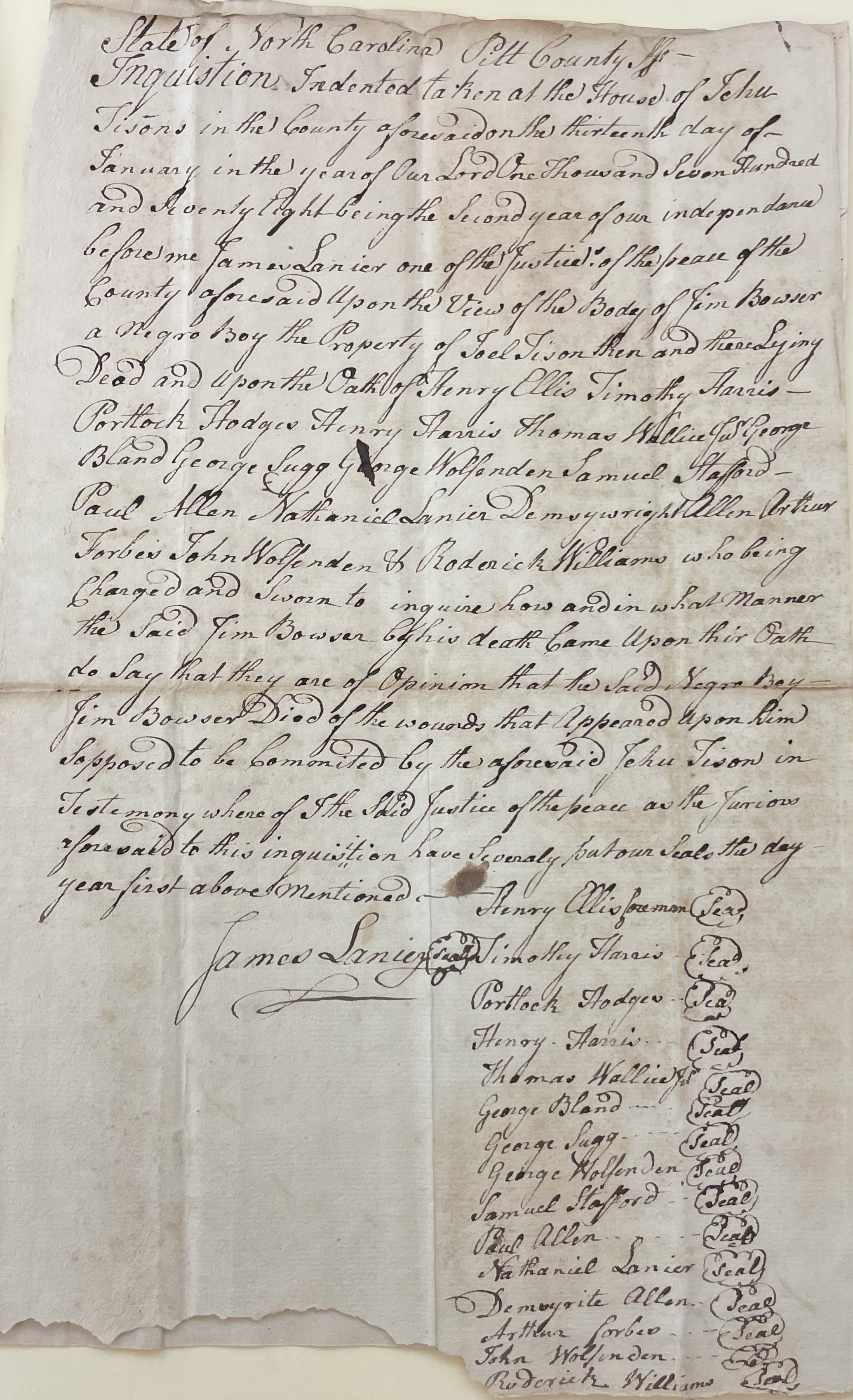 Inquisition into the Murder of Jim Bowser, circa 14 January 1778