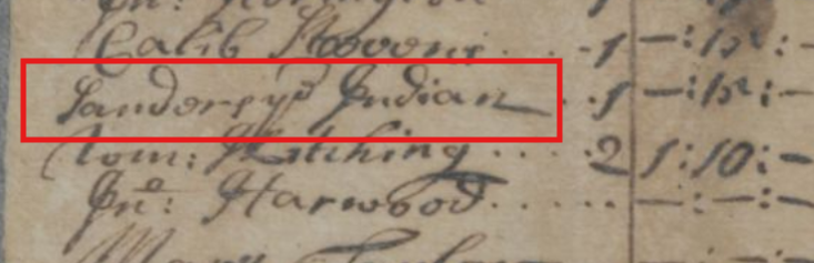 Excerpt of a 1717 tax list for Perquimans County listing Sanders the Indian