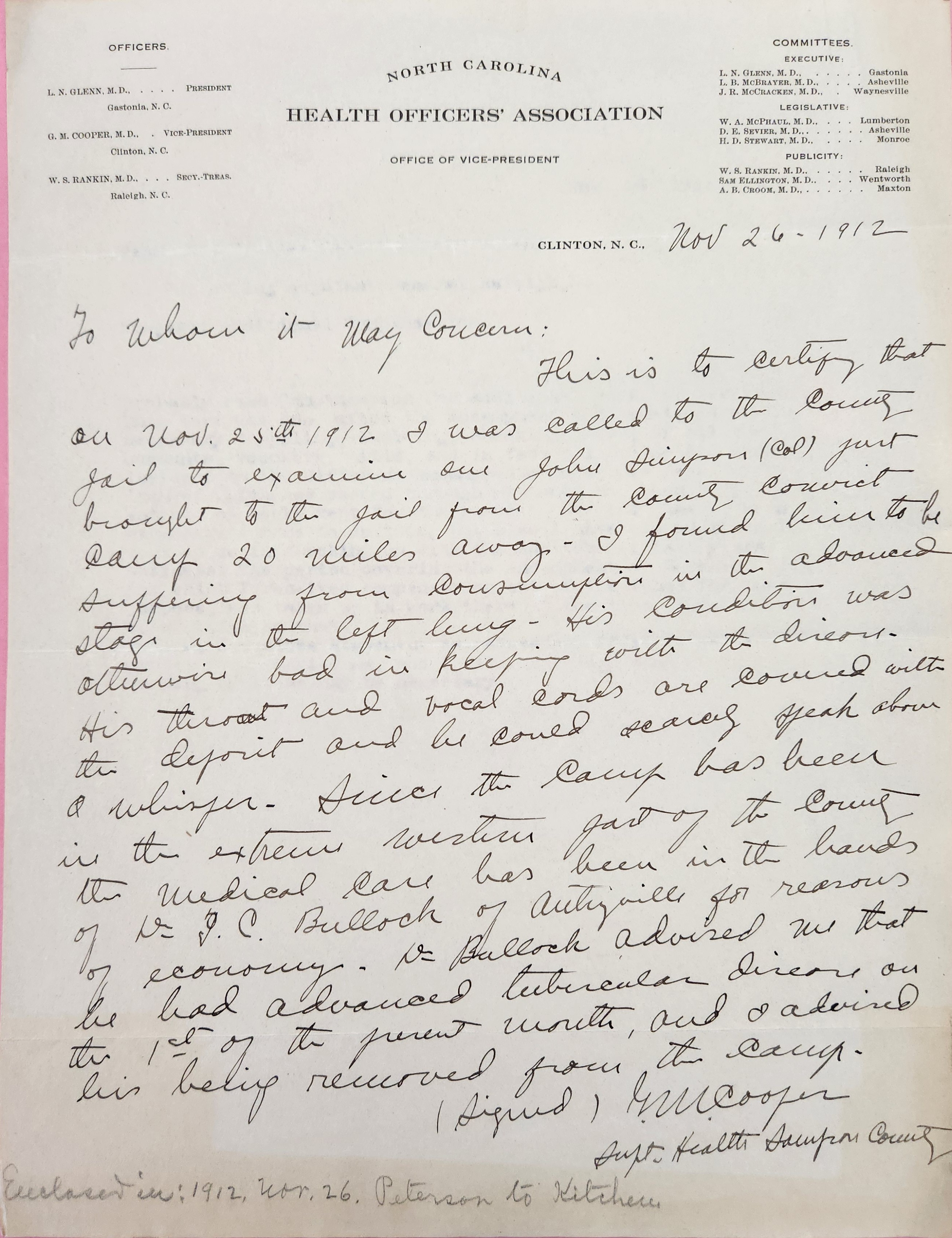 Medical Certificate for John Simpson by G. M. Cooper, 26 November 1912