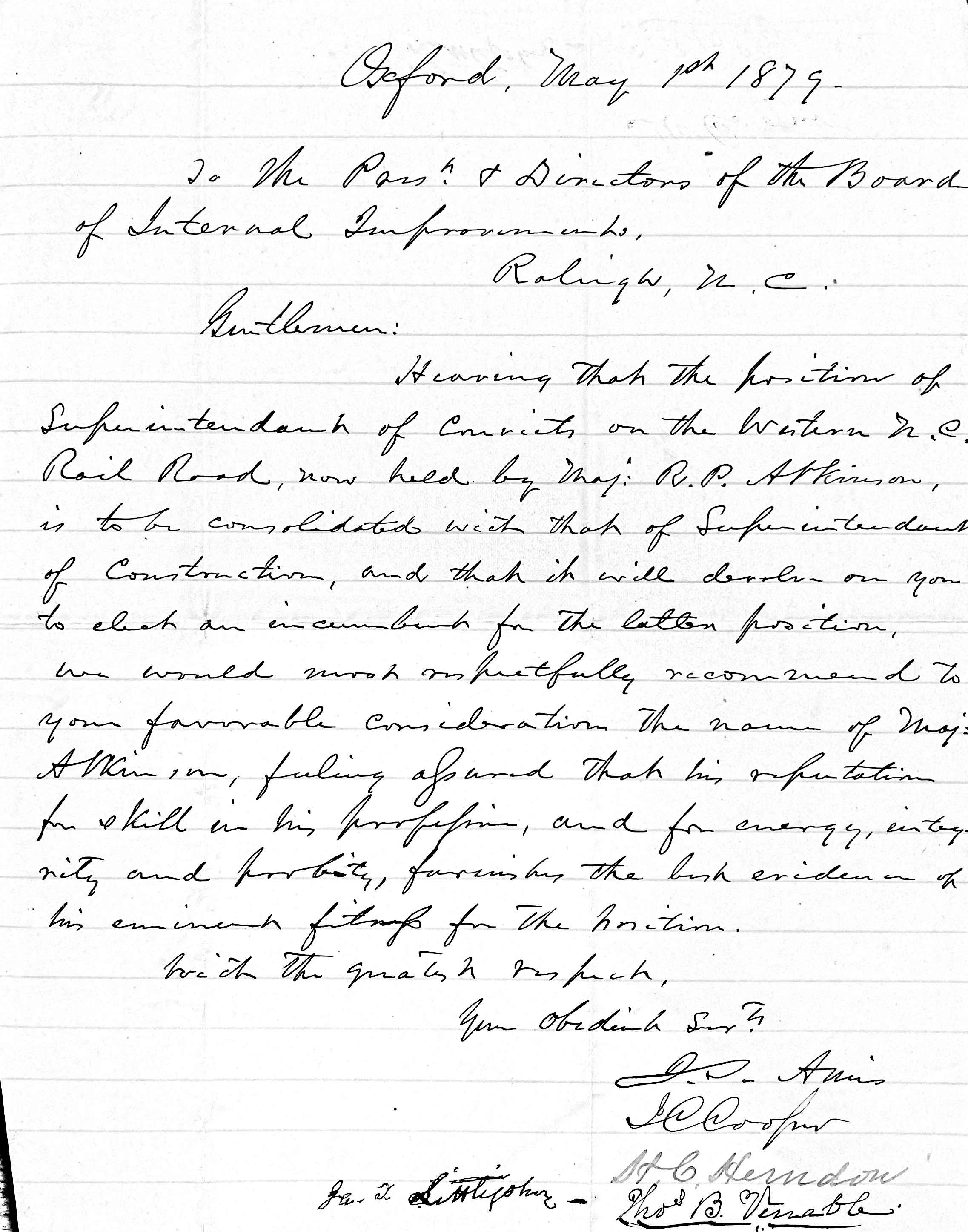 J. A. Amis et al. to Thomas J. Jarvis, 1 May 1879